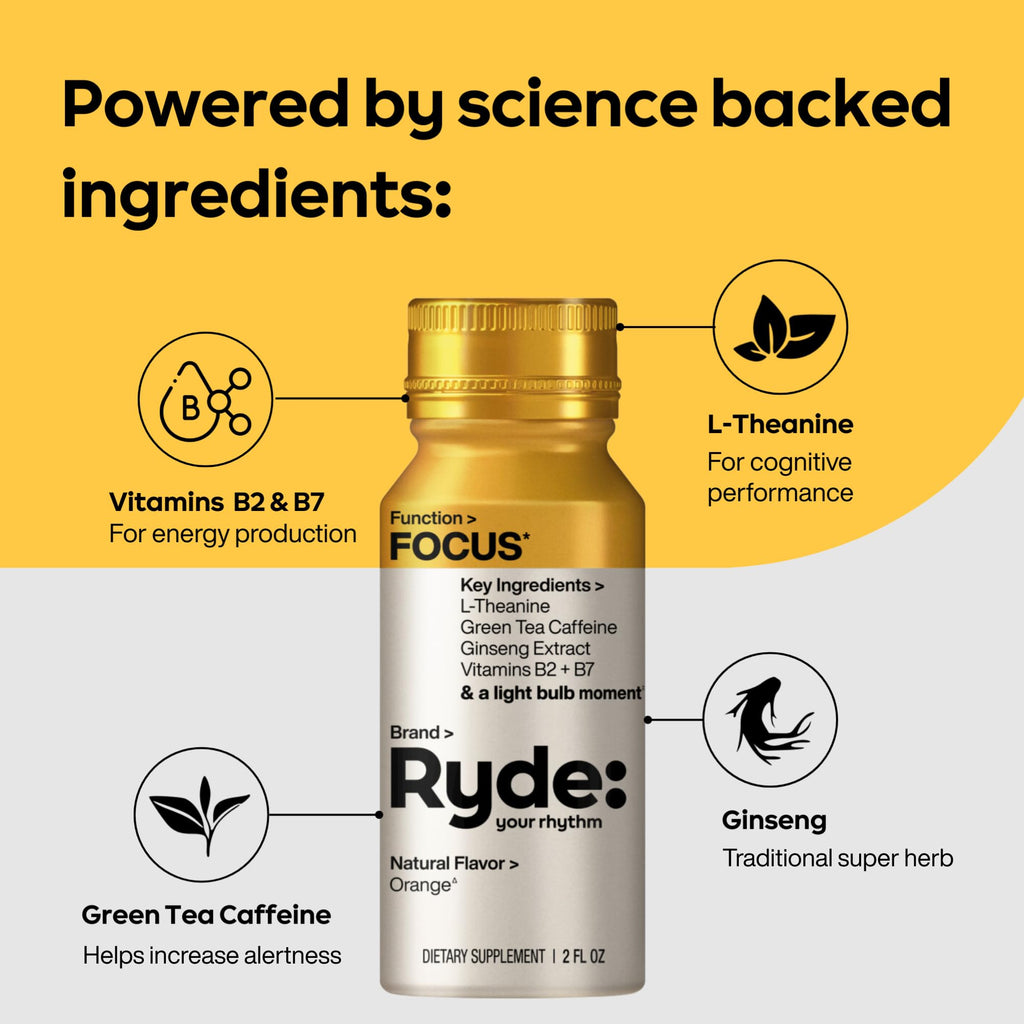 Ryde: Focus Shot | Orange Flavor | L-Theanine & Ginseng | Green Tea Caffeine | Vitamins B2 & B7 | 0 Calories, 0 Sugar | 2 FL OZ Shots | Supports Focus* (8 Pack) RYDE Au supplements