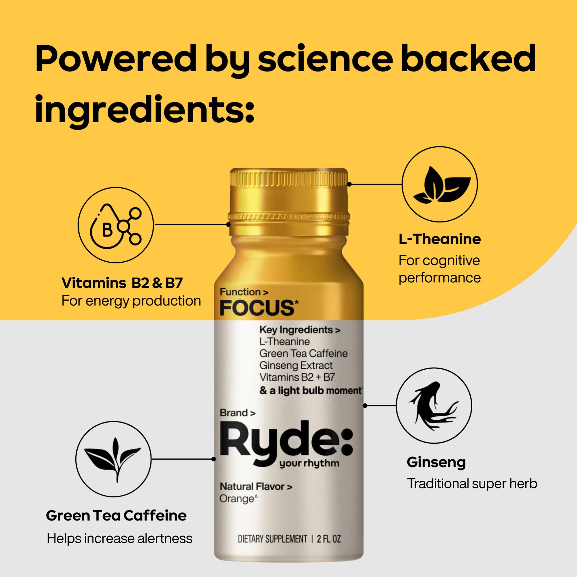 Ryde: Focus Shot | Orange Flavor | L-Theanine & Ginseng | Green Tea Caffeine | Vitamins B2 & B7 | 0 Calories, 0 Sugar | 2 FL OZ Shots | Supports Focus* (8 Pack) RYDE Au supplements