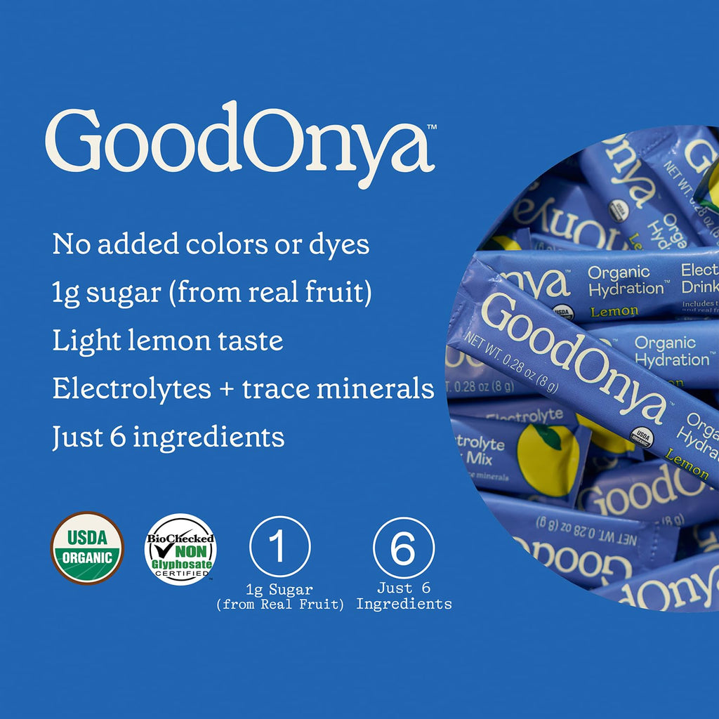 GOODONYA Organic Hydration Electrolyte Drink Mix, Certified Organic Hydration Powder, Non-GMO, Biochecked Glyphosate Free, Low Sugar, Lemonade Flavor, No Artificial Flavors,12 Stick Packs
