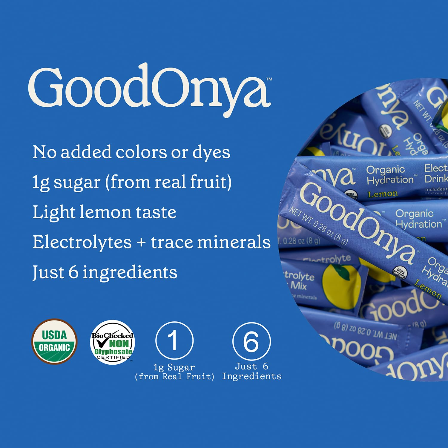 GOODONYA Organic Hydration Electrolyte Drink Mix, Certified Organic Hydration Powder, Non-GMO, Biochecked Glyphosate Free, Low Sugar, Lemonade Flavor, No Artificial Flavors,12 Stick Packs