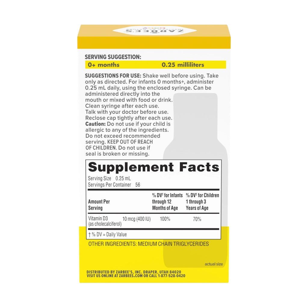 Zarbee's Vitamin D Drops for Infants, 400IU (10mcg) Baby & Toddler Liquid Supplement, Newborn & Up, Dropper Syringe Included, 0.47 Fl Oz Zarbee's Au supplements