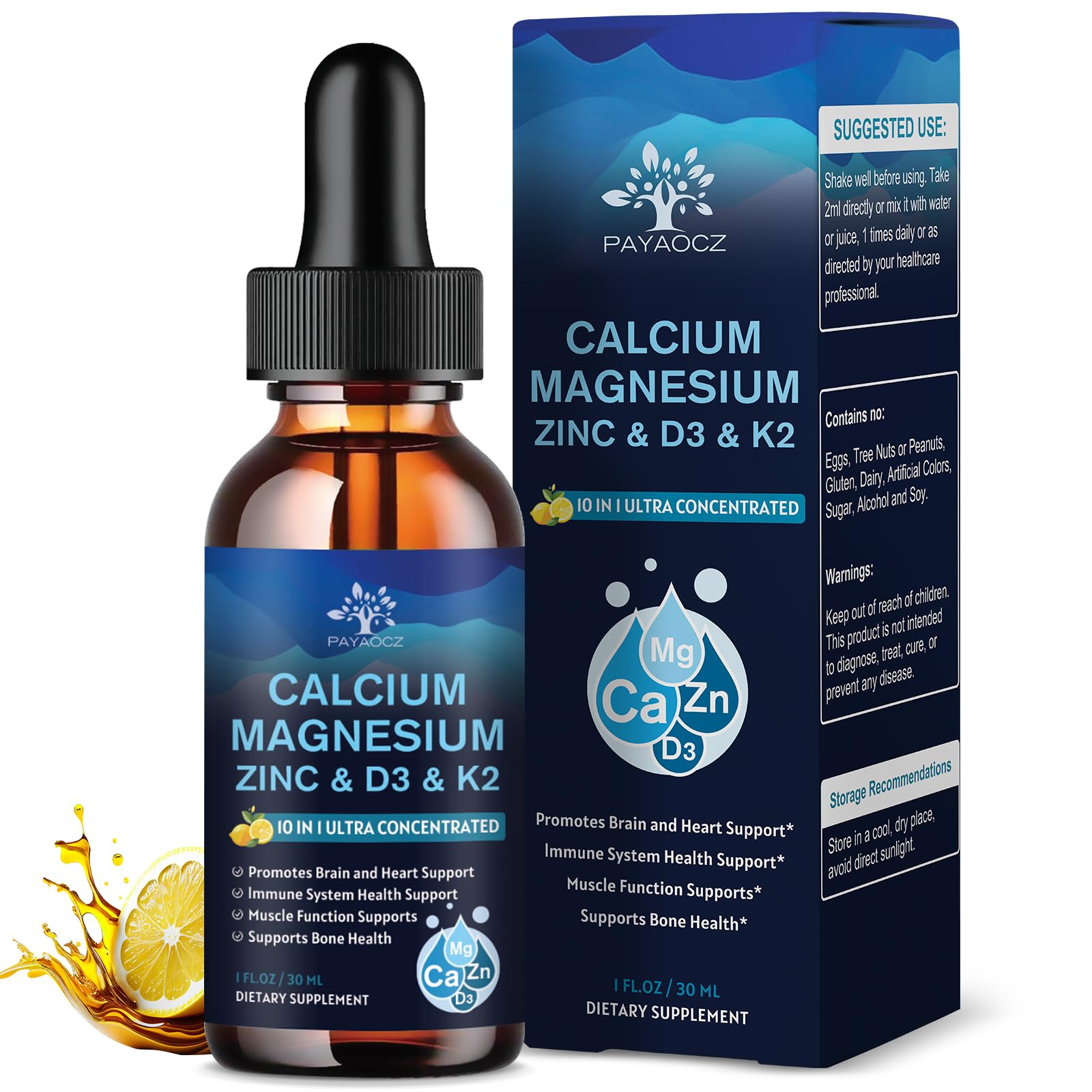 (2 Pack) 10 in 1 Magnesium Calcium Zinc Supplement with Vitamin C D3 K2, Glycinate Mag Vegan Liquid Drops Plus L-Theanine Boron Sea Moss Extract, Immune Support