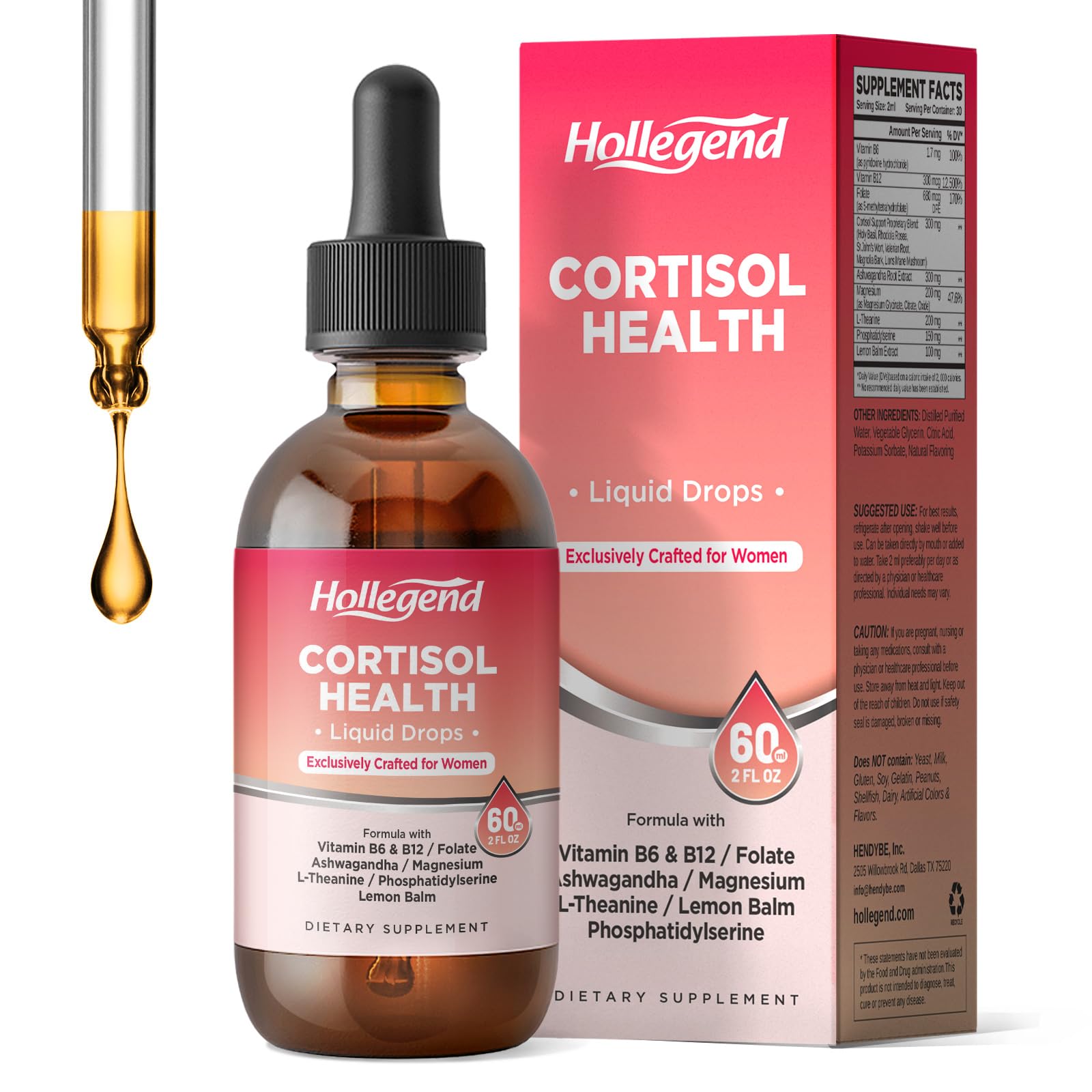 HOLLEGEND Cortisol Supplements for Women, Cortisol Wellness Liquid Drops, 16 in 1 Cortisol Detox Reducer w. Ashwagandha, Magnesium, L-Theanine, Folate for Relaxation & Hormone Balance, Strawberry HOLLEGEND Au supplements