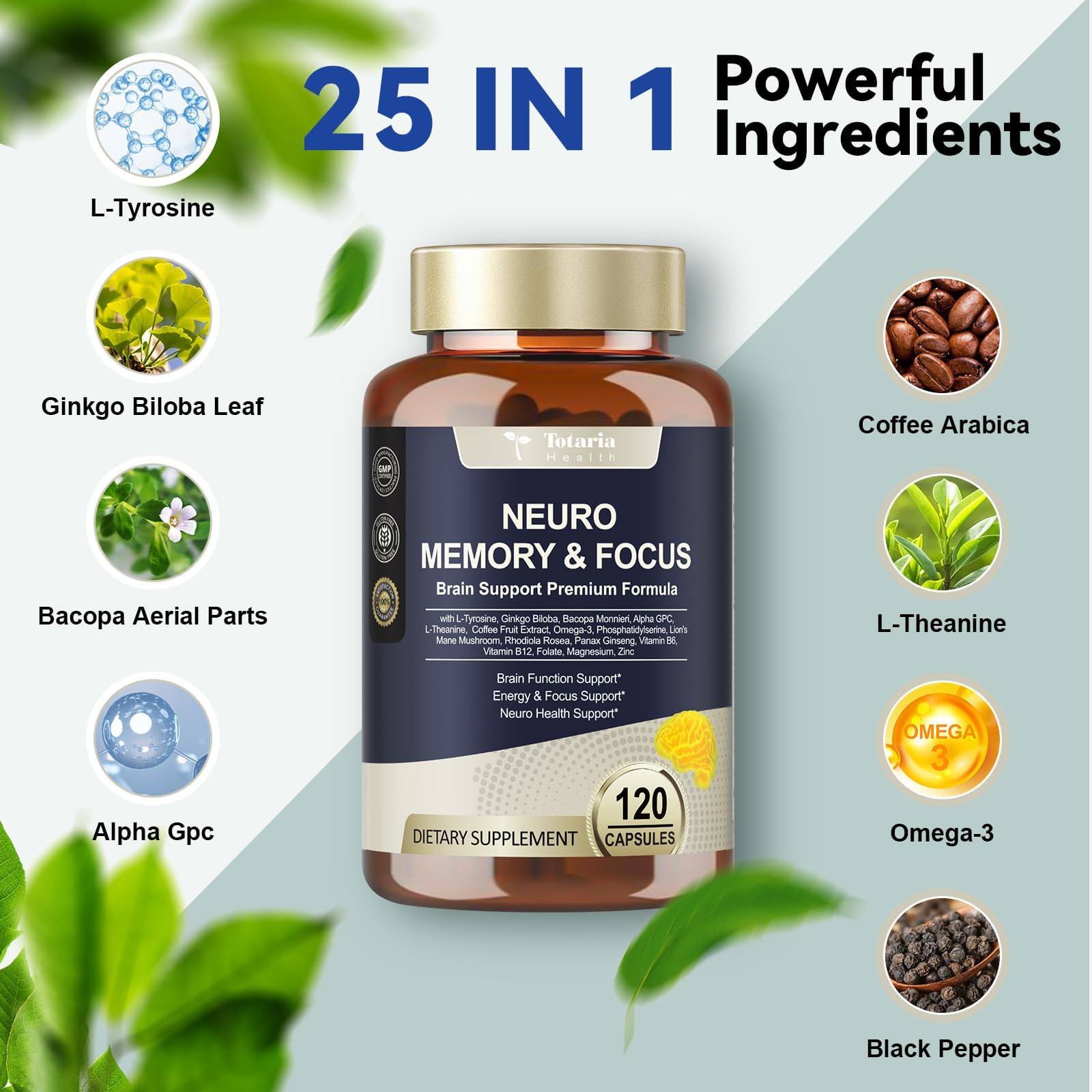 Totaria C-ognitive with Caffeine Pills, L-Tyrosine, Alpha GPC, Ginkgo Biloba, Bacopa Monnieri Brain Supplement for Memory and Focus, Brain Nootropic Support - Non-GMO, Gluten Free (2 Packs) Totaria Au supplements