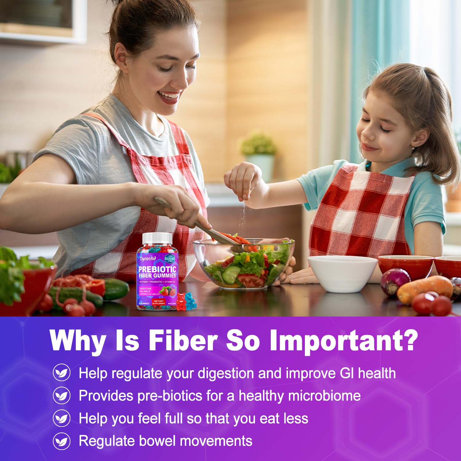 Prebiotic Fiber Gummies, 5g Fiber per Serving, 2 Billion CFU Bacillus Coagulans + Vitamin D3, Sugar Free Pectin Mixed Berry Gummies, Inulin (FOS) + Acacia