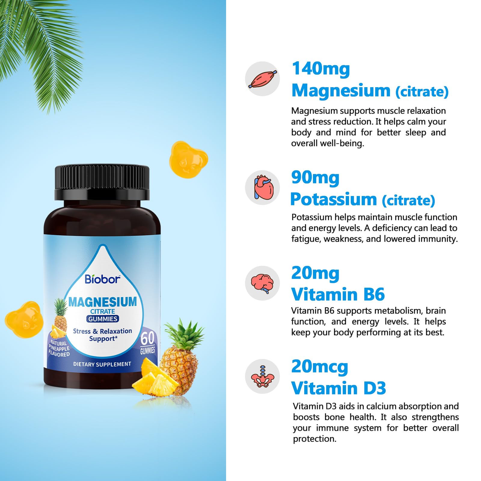 Biobor Potassium Magnesium Gummies, Magnesium Citrate & Potassium Citrate Supplements with Vitamin D3, B6 for Electrolyte Balance, Muscle, Leg Cramps, GMO Free Gluten Free (Pineapple,60 Count) Biobor Au supplements