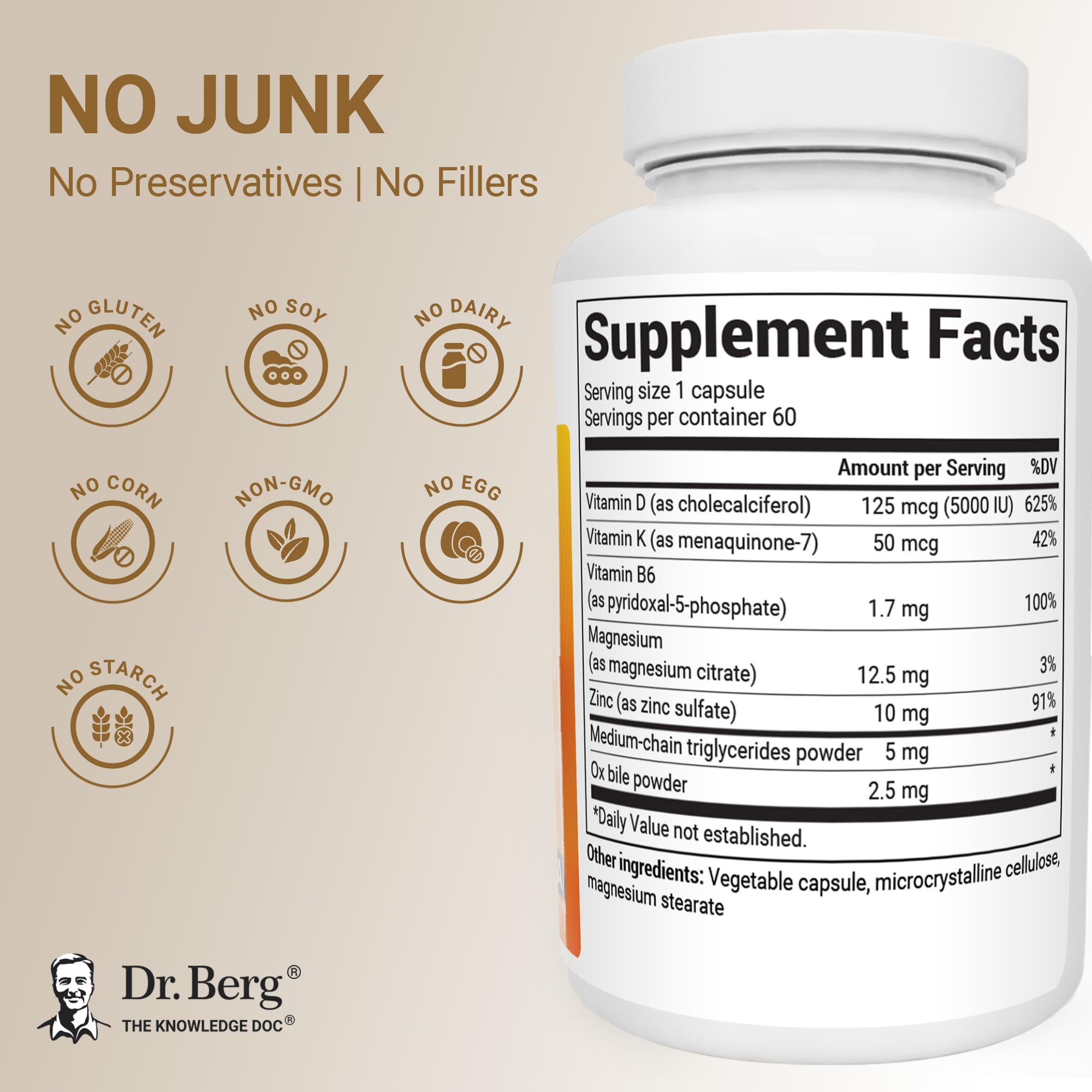 Dr. Berg Maximum Strength 2-in-1 Vitamin D3 K2 5,000 IU | Naturally Derived D3 | 4X Lab-Tested & Verified | High Absorption Formula