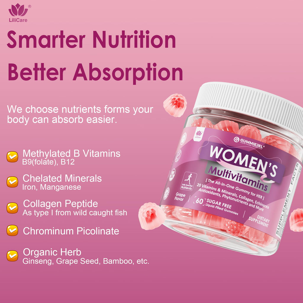 Womens Multivitamin Gummy, Methylated Multivitamin for Women, Biotin, Methylfolate, Iron, Collagen, Vitamins A C D, B Complex, Antioxidants for Women's Daily Support,