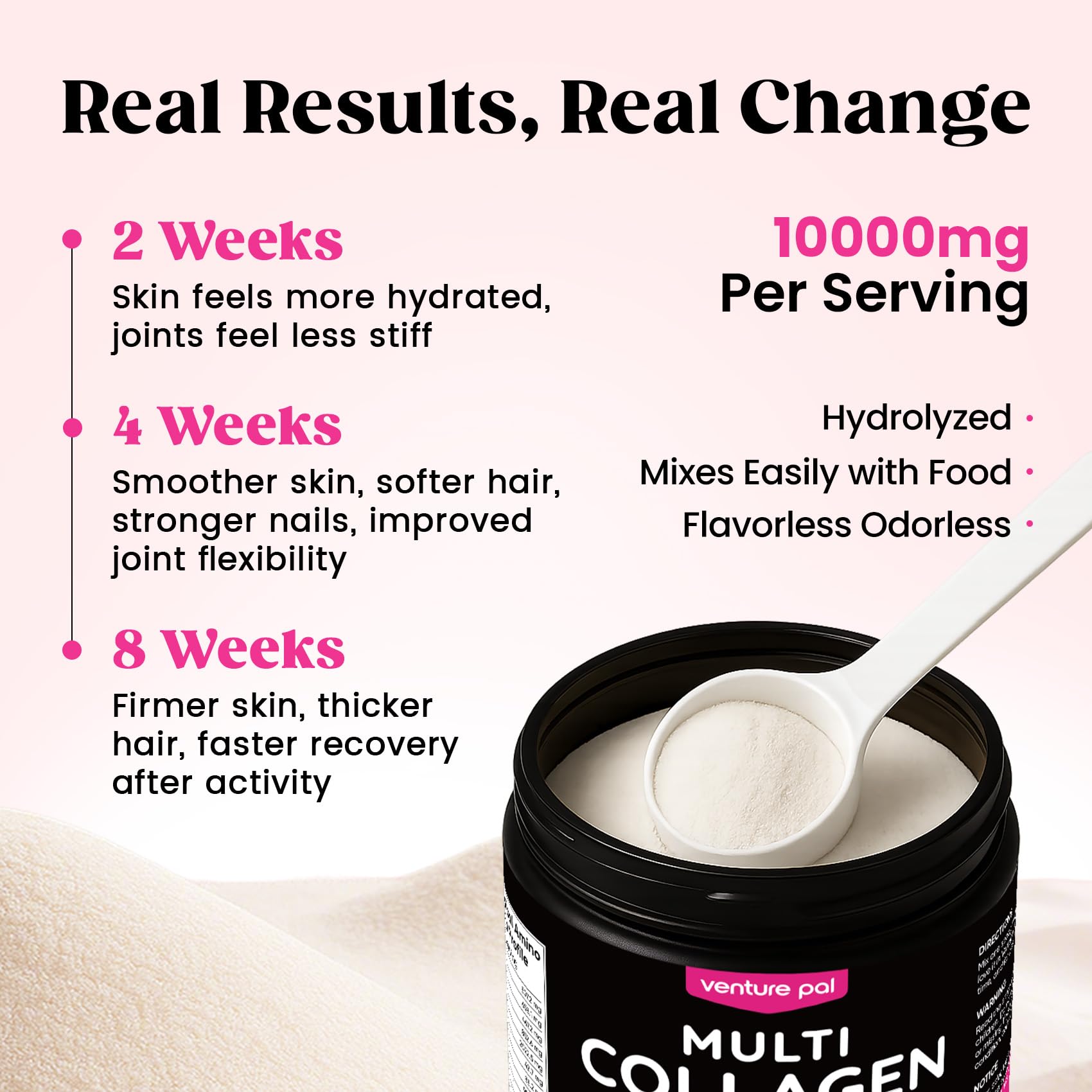 Venture Pal Multi Collagen Powder Type I, II, III, V, X – Hydrolyzed Collagen Peptides MSM, GC, Hyaluronic Acid Vitamin C | Collagen Supplement for Women