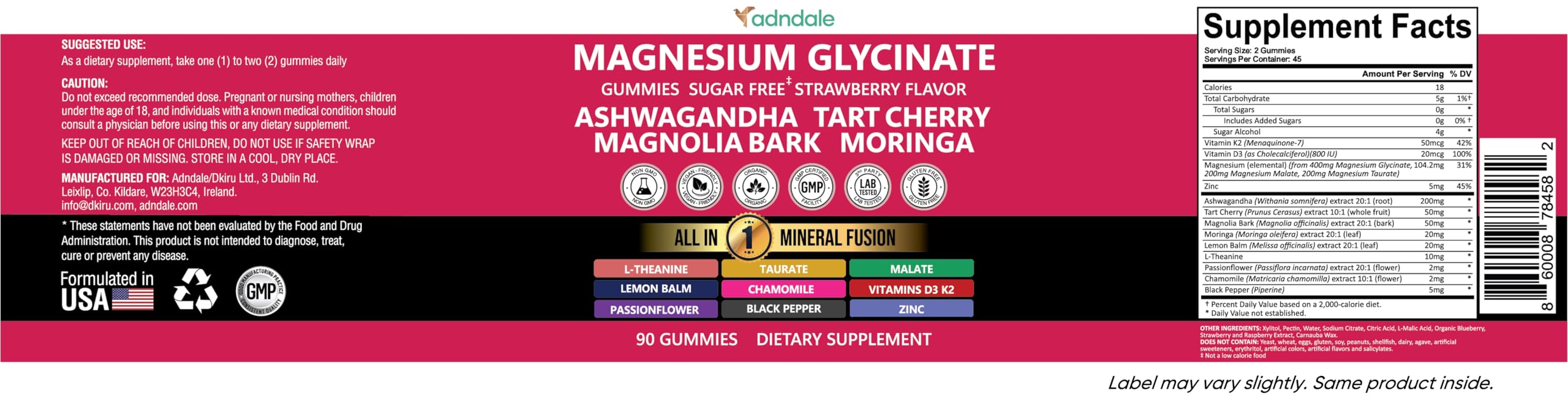 Adndale Magnesium Glycinate 400 mg Gummies with Ashwagandha, Magnesium Malate & Taurate, Tart Cherry, Magnolia Bark, Lemon Balm, Passionflower
