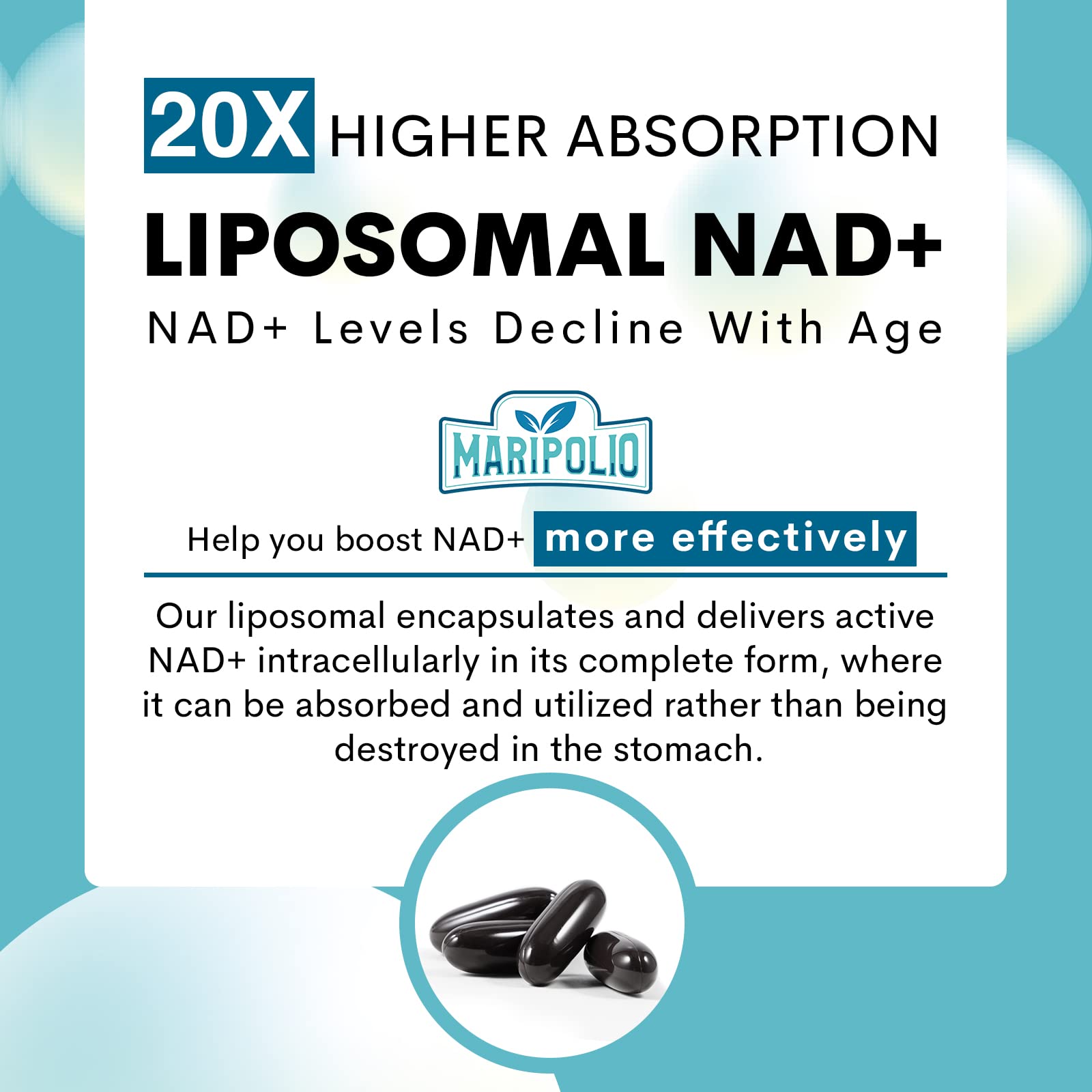 Maripolio Liposomal NAD+ 1000 mg Supplement | High Bioavailability Liposomal Delivery | Cellular Energy & Wellness Support | Pure NAD+ Dietary Supplement for Men,Women, 60 Softgels Maripolio Au supplements