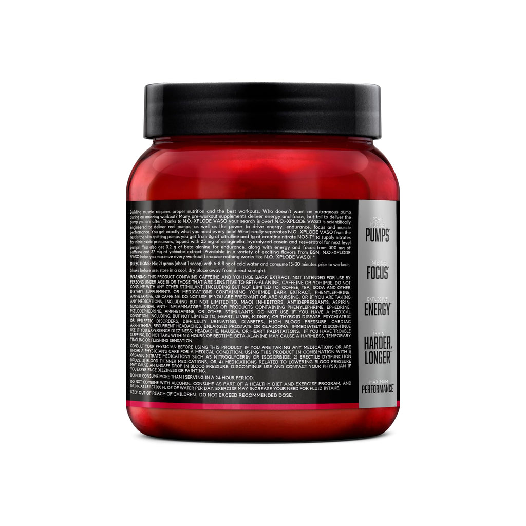 BSN N.O.-XPLODE Vaso Pre Workout Powder with 8g of L-Citrulline and 3.2g Beta-Alanine and Energy, Flavor: Cherry Bomb, 24 Servings