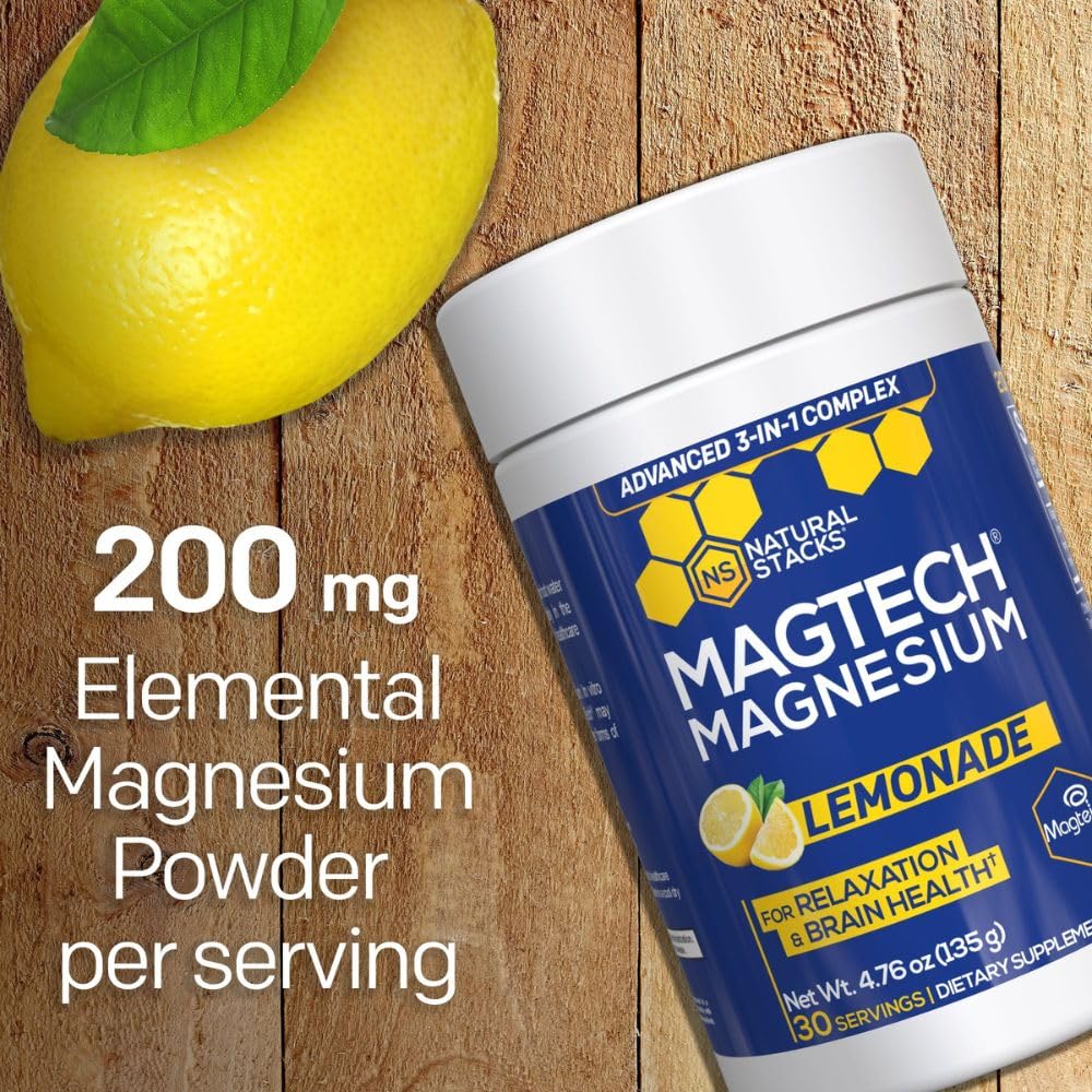 Magtein Magnesium L-Threonate, Glycinate & Taurate - MagTech Magnesium Powder - Sugar Free Lemonade Drink - 200mg Chelated Triple Complex - Supports Relaxation & Brain Health* - 30 Servings NATURAL STACKS Au supplements
