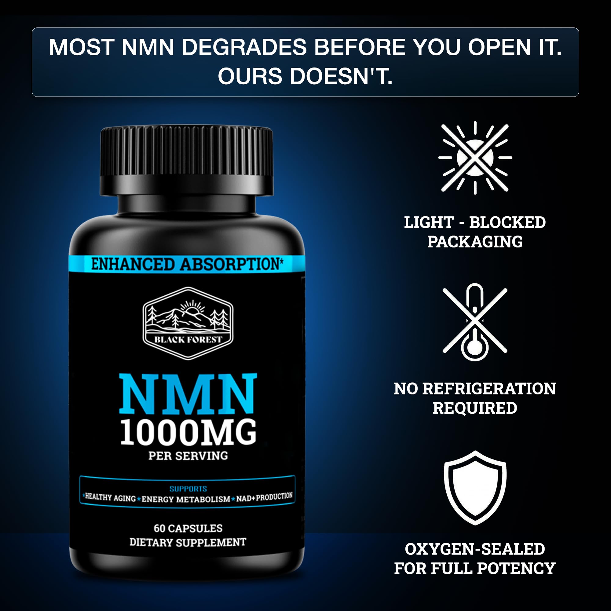 Black Forest NMN Supplements 1000mg (Nicotinamide Mononucleotide) 99% Pure, Stabilized Form, BioPerine® for Enhanced Bioavailability (60 Capsules)