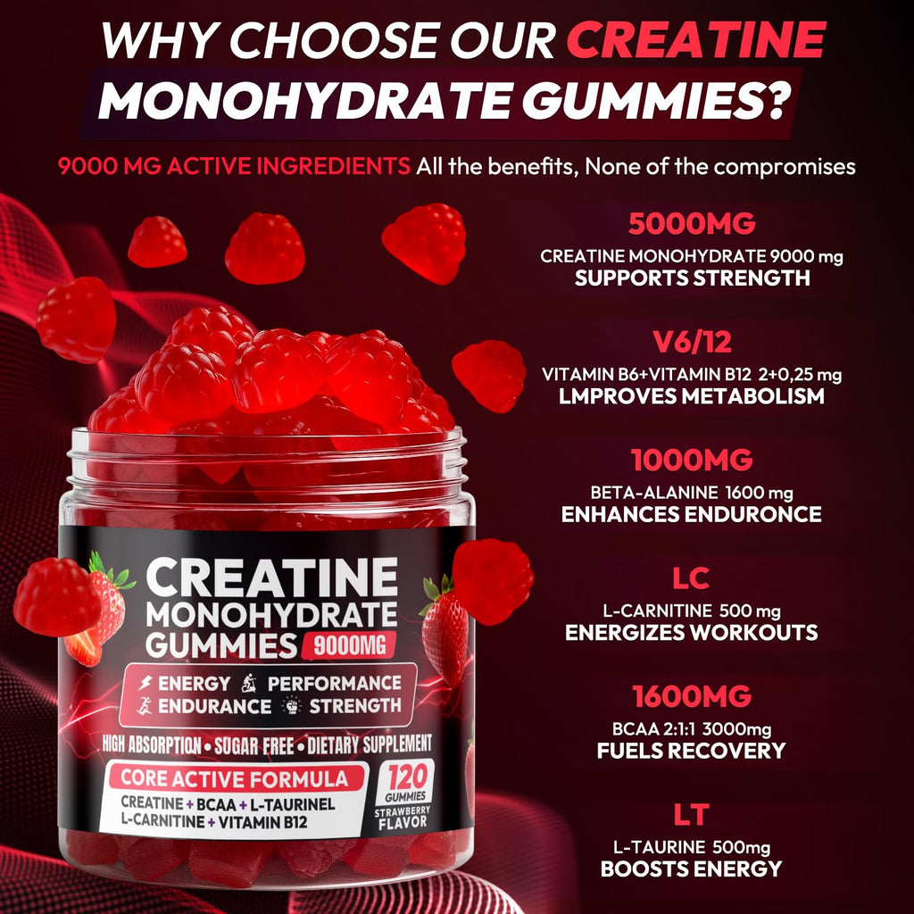 Creatine Gummies Monohydrate Complex 9000MG, Chewable Creatine Monohydrate Gummies for Men & Women with L-Taurine, BCAA 2:1, B12/6, Building Muscle