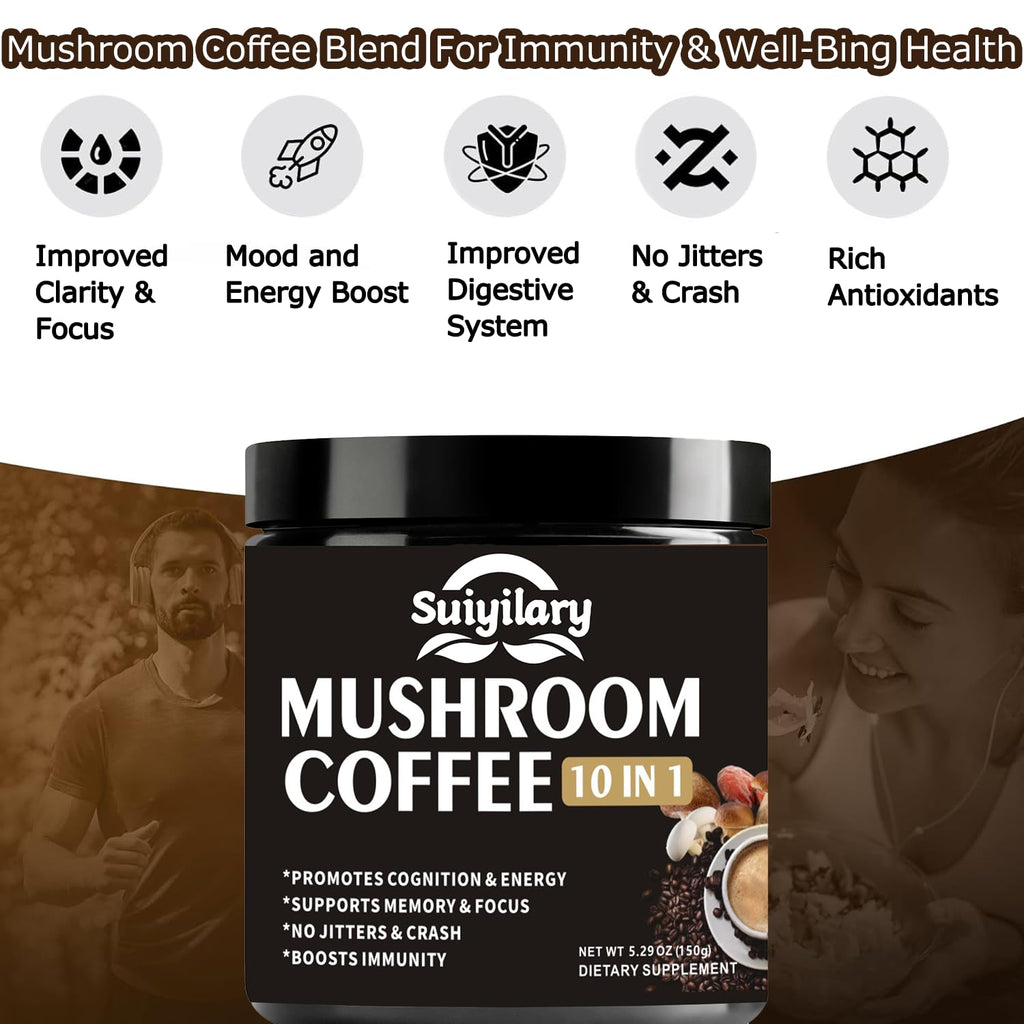 Suiyilary Mushroom Coffee, 10 Mushroom Extract Powder Blend Lion's Mane, Reishi, Chaga