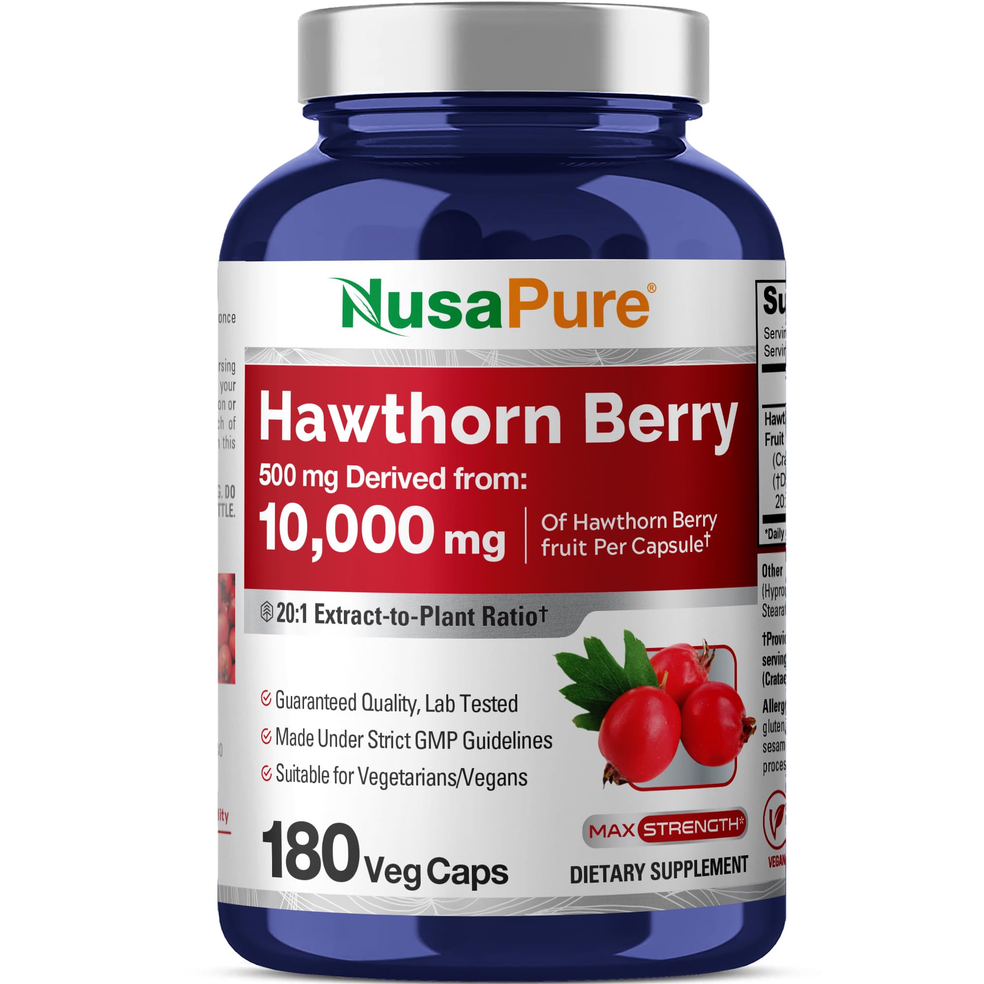 NusaPure Hawthorn Berry 20:1 Extract, 500 mg Equivalent to 10,000 mg 180 Veg Caps, Suitable for Vegetarians, Vegan, Non-GMO Dietary Supplement NusaPure Au supplements
