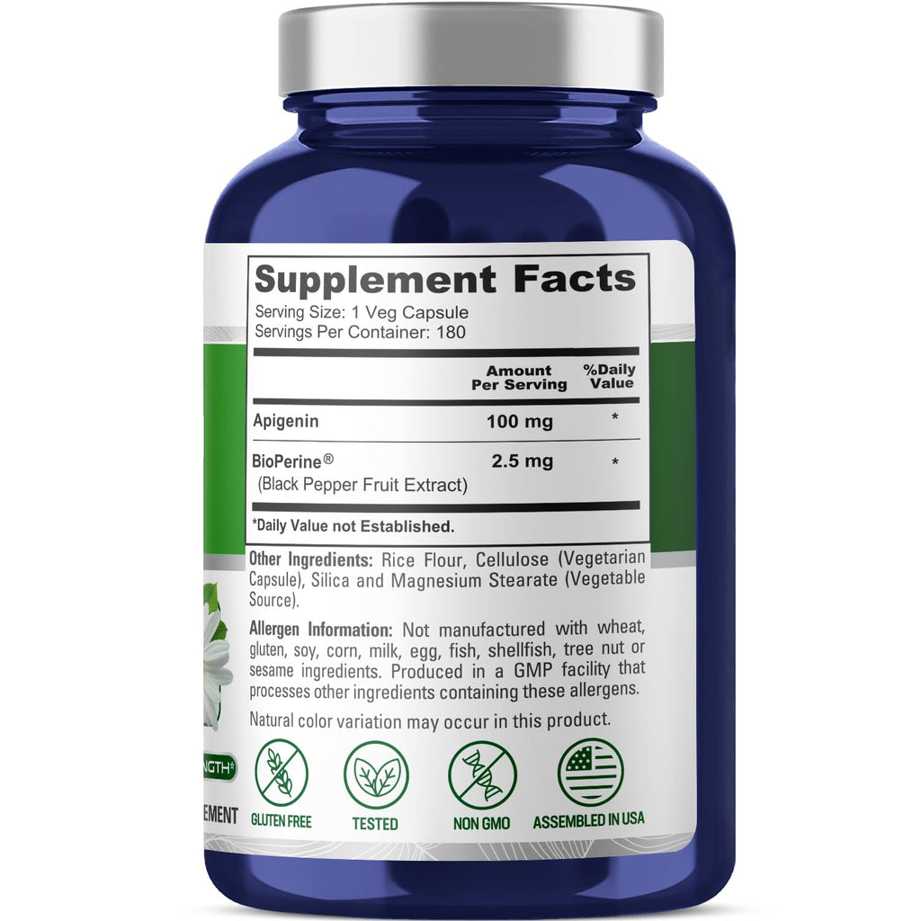 NusaPure Apigenin 100 mg per Capsule 180 Vcaps - Bioperine (Non-GMO, Gluten Free) NusaPure Au supplements