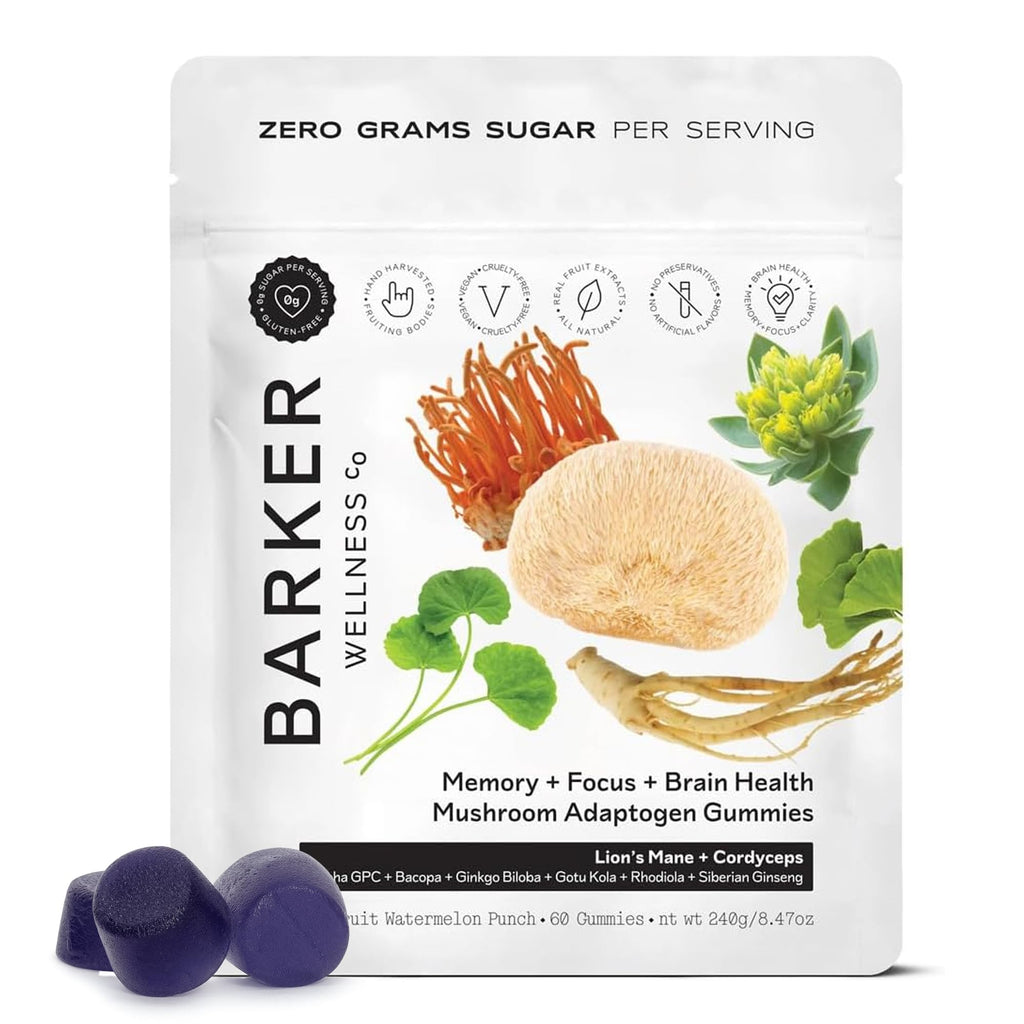 Barker Wellness Mushroom Adaptogen Gummies for Memory & Focus, Brain Health Supplement with Lion's Mane, Cordyceps, Cognizin, Vegan, Sugar-Free Passion Fruit Watermelon Flavor- 60 Count
