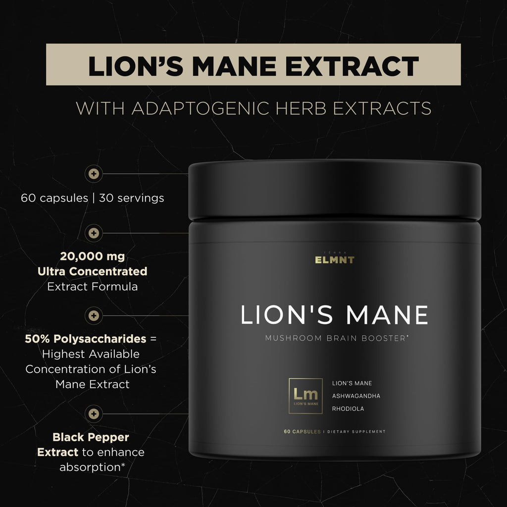 20,000mg 16x Strength Lions Mane Supplement Capsules Super Nootropic w. Ashwagandha & Rhodiola - Highest Potency Lion's Mane Mushroom Extract 50% Polysaccharides Brain Supplements for Memory and Focus TERRA ELMNT Au supplements