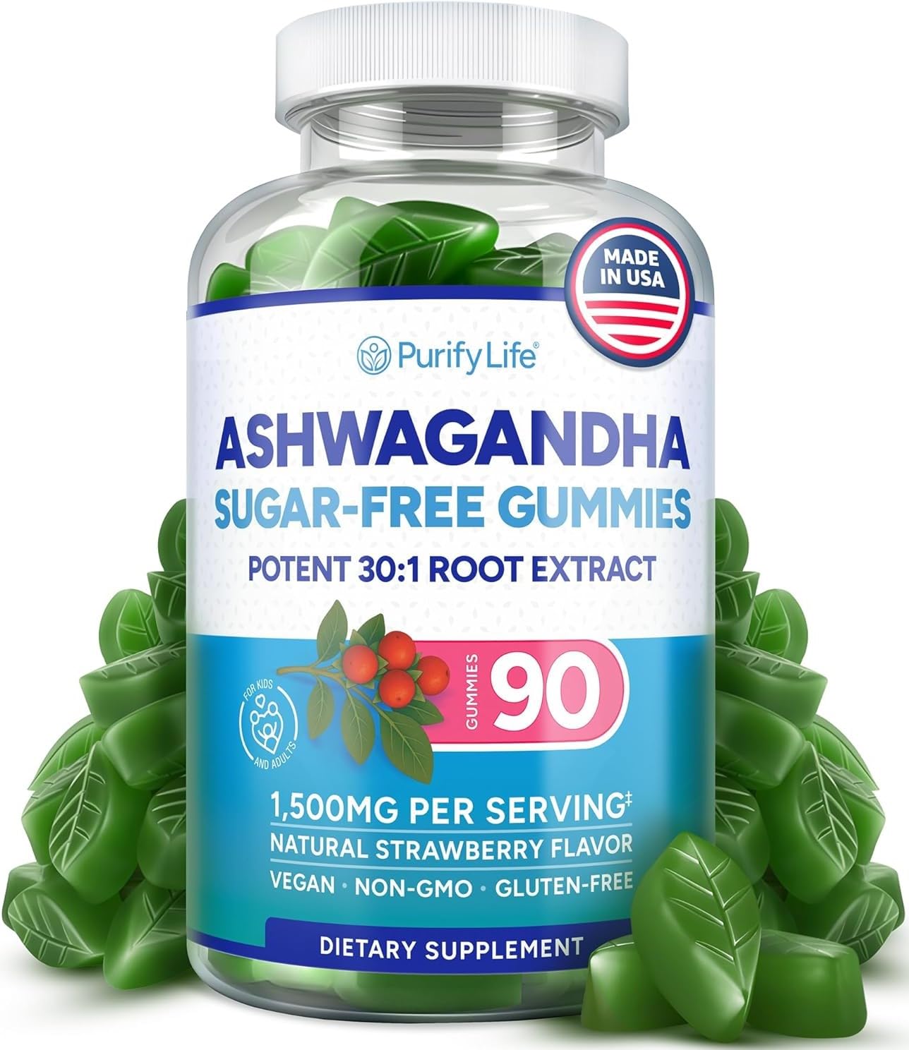 Sugar-Free Ashwagandha Gummies for Stress, Sleep & Mood Support - High-Potency 30:1 Ashwagandha Supplement Extract - Vegan Adaptogen Supplement for Women & Men, Natural Flavor, Plant-Based, 90 Gummies Purify Life Au supplements