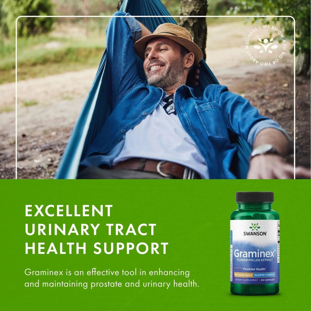 Swanson Maximum Strength Graminex Flower Pollen Extract - Supports Prostate Health, Urinary Tract Function, and Kidney Health - Mens Health Supplement - (60 Capsules, 500mg Each) (4 Pack) Swanson Au supplements