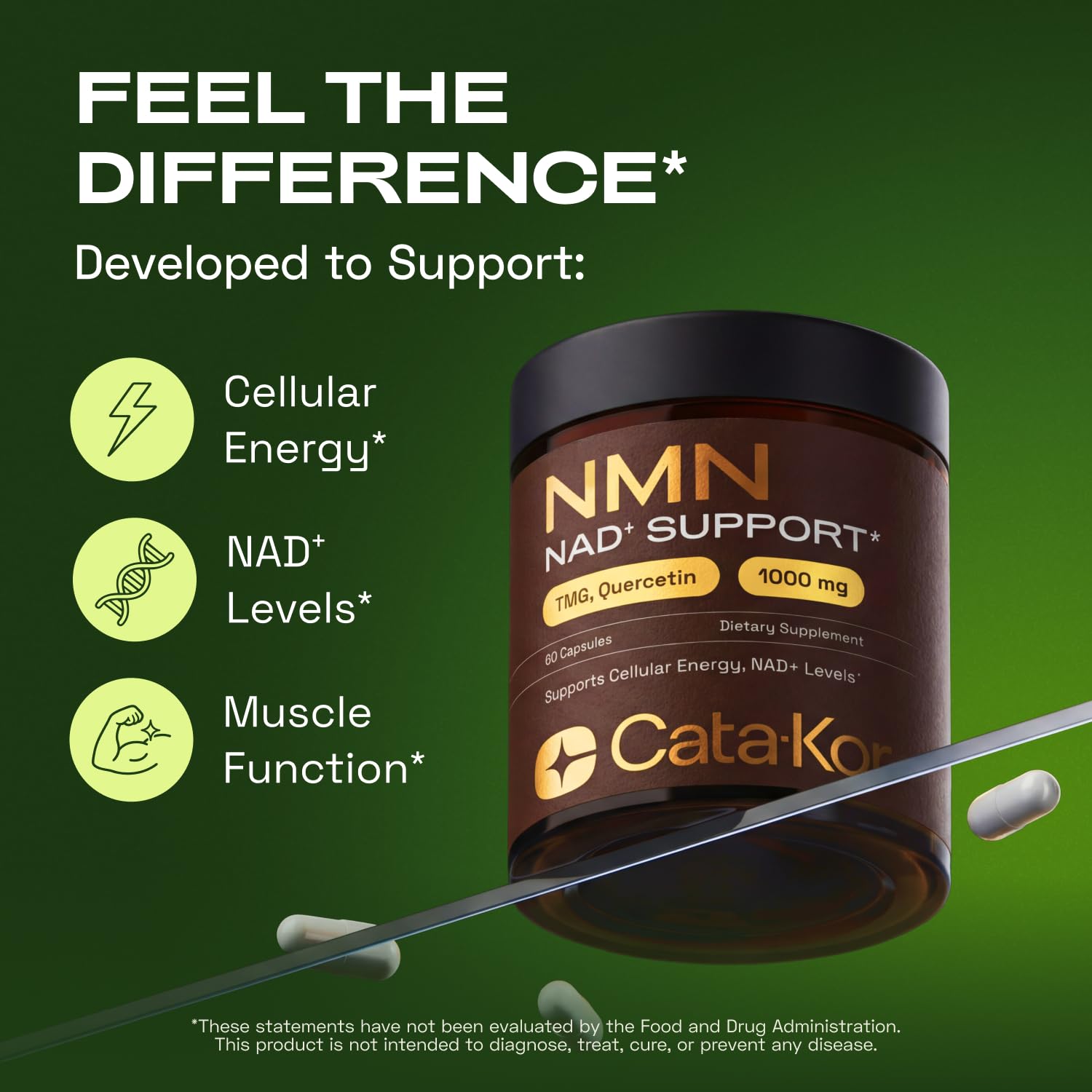 Cata-Kor NMN Supplement – 1000mg Per Serving NAD Resveratrol Supplement with Quercetin | TMG – NMNH Alternative – Supports Cellular Energy & NAD+ Level – 60 Capsules