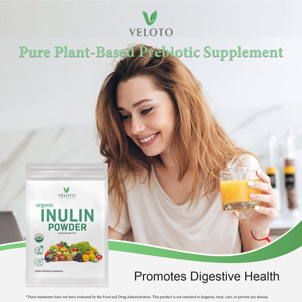 VELOTO Organic Inulin Powder – Prebiotic Fiber Supplement for Smoothies & Drinks, 2.2 lb, Flavorless, Water Soluble, Vegan & Non-GMO