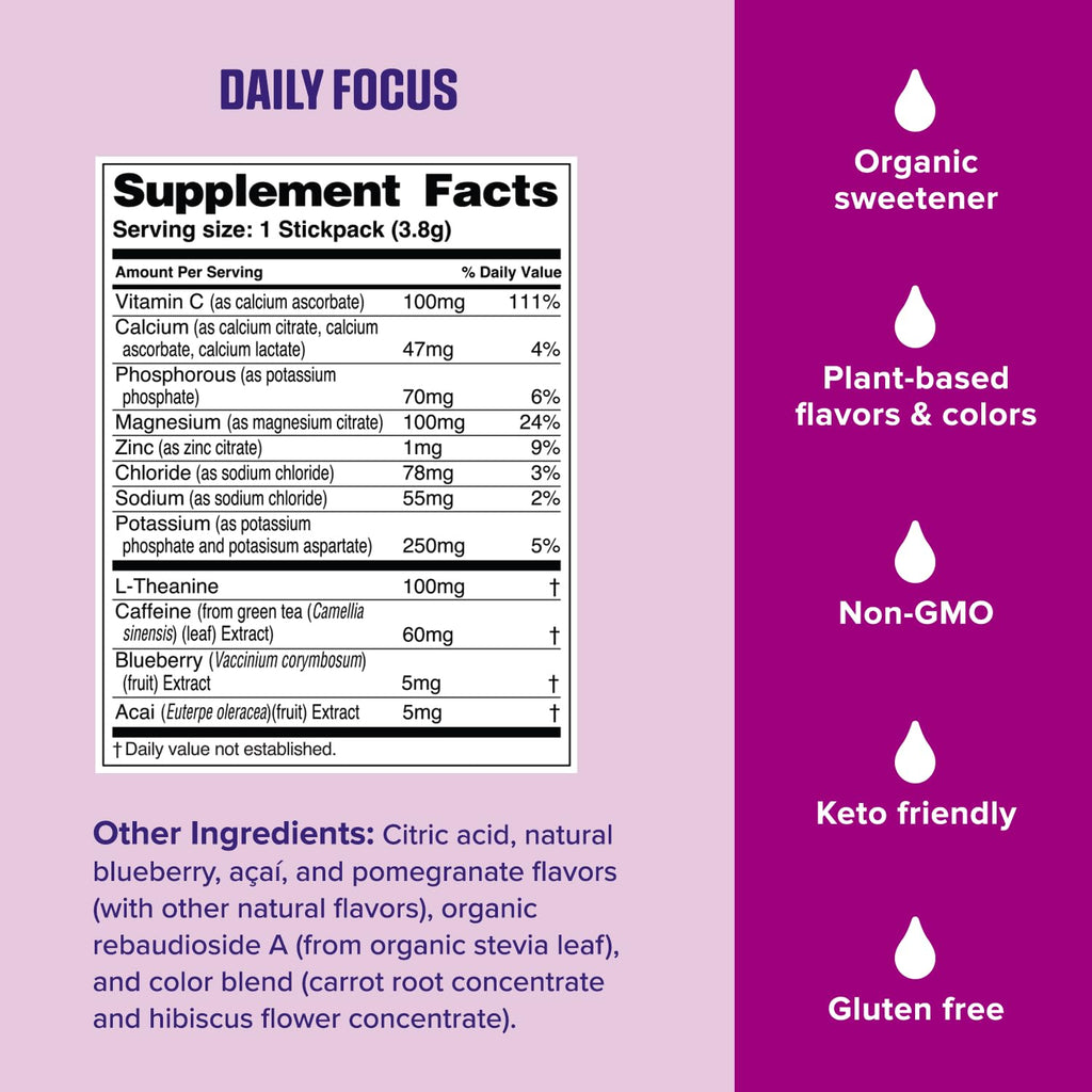 Ultima Replenisher Daily Focus Supplement & Electrolytes Powder - Acai Blueberry, 14 Stickpacks - Hydration Packets, 60mg Caffeine from Green Tea Extract & L-Theanine