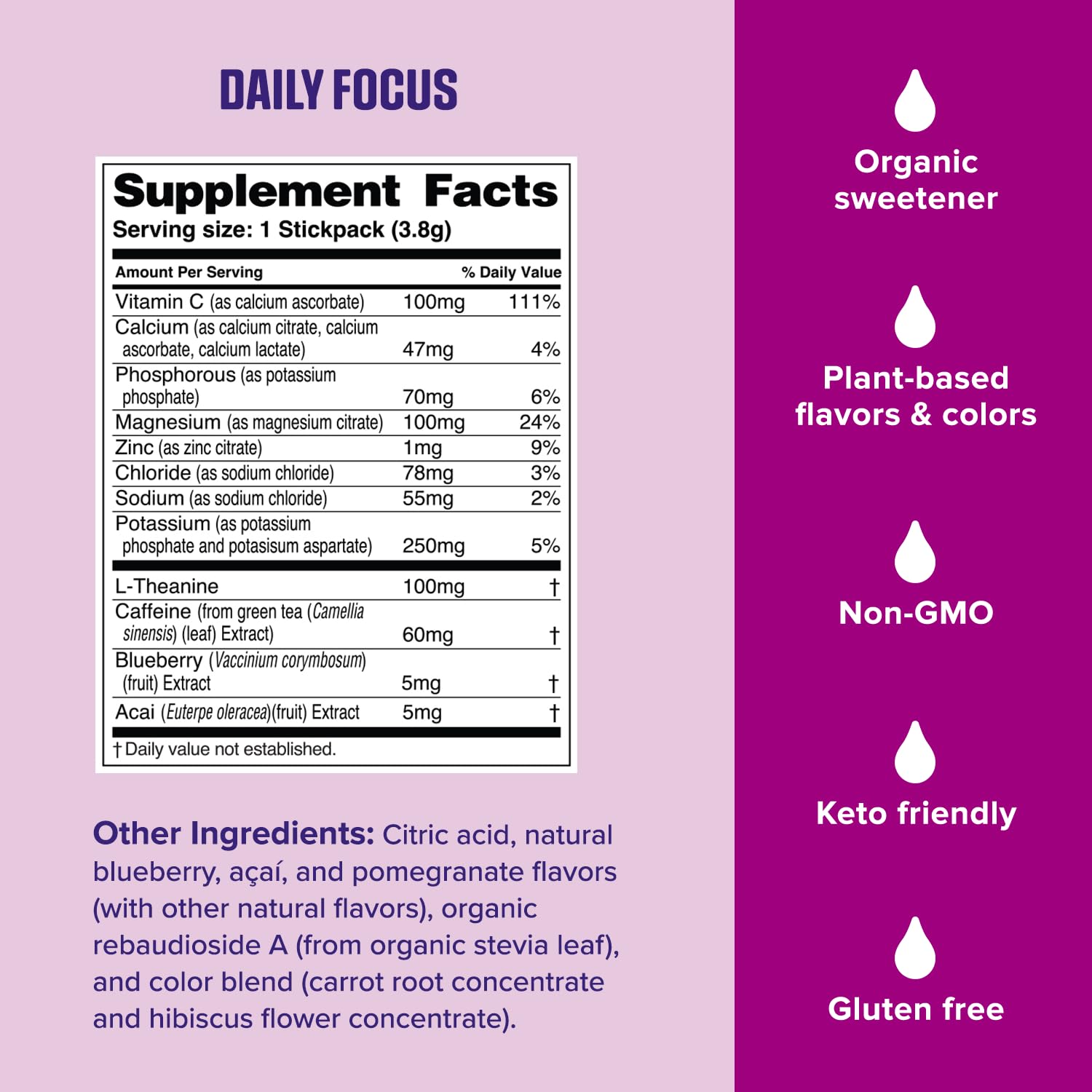 Ultima Replenisher Daily Focus Supplement & Electrolytes Powder - Acai Blueberry, 14 Stickpacks - Hydration Packets, 60mg Caffeine from Green Tea Extract & L-Theanine