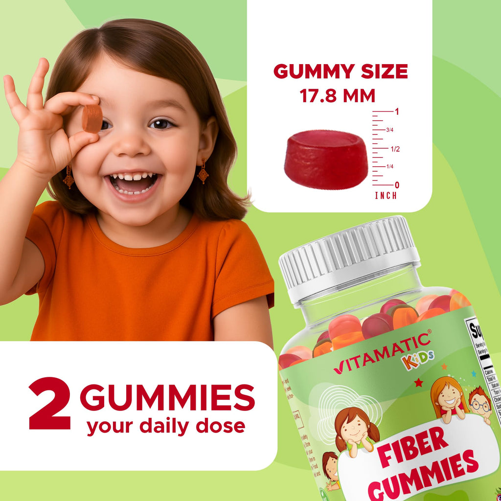 Vitamatic Kids Prebiotic Fiber Gummies – Extra Strength 4g Fiber – Zero Sugar Added – 60 Pectin-Based Gummies – Digestive Health & Regularity Support