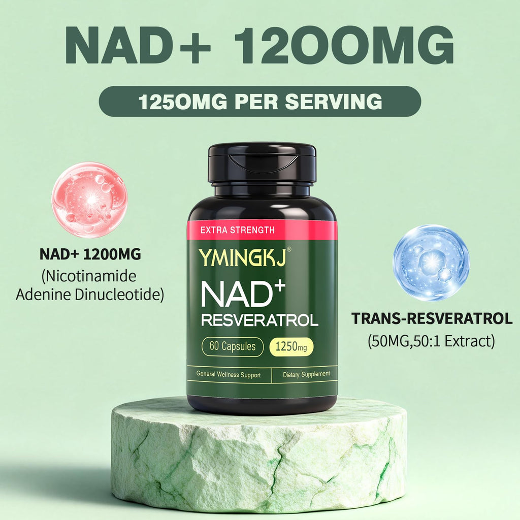YMINGKJ NAD+ Supplement with Resveratrol 1200mg – Nicotinamide Adenine Dinucleotide & Trans-Resveratrol 50mg, Anti-Aging Cellular Energy & Metabolism Support, 60 Vegetarian Capsules (30 Servings) YMINGKJ Au supplements