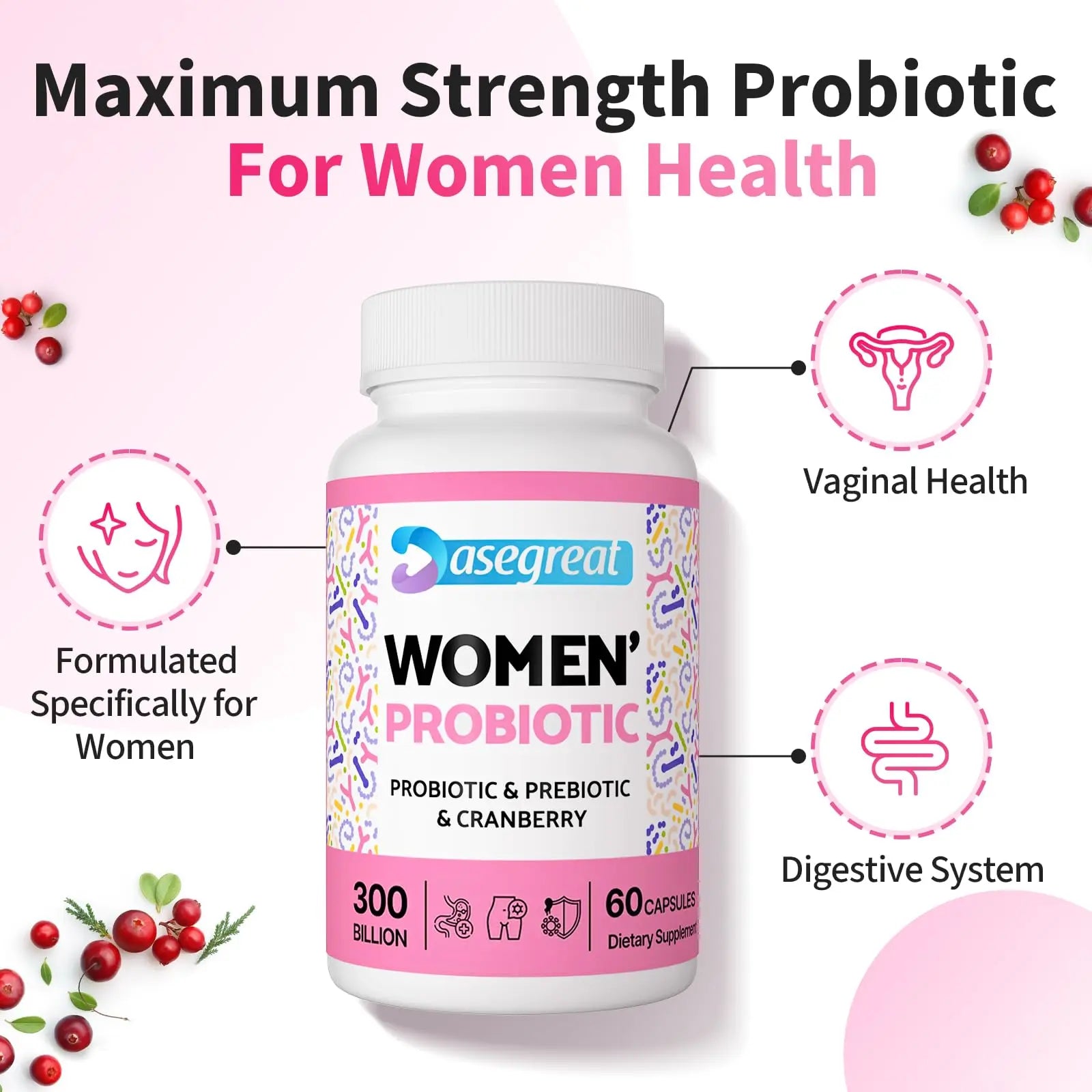 300 Billion CFUs Probiotics for Women,12 Strains Probiotics with Prebiotic Cranberry Heafetine Au supplements