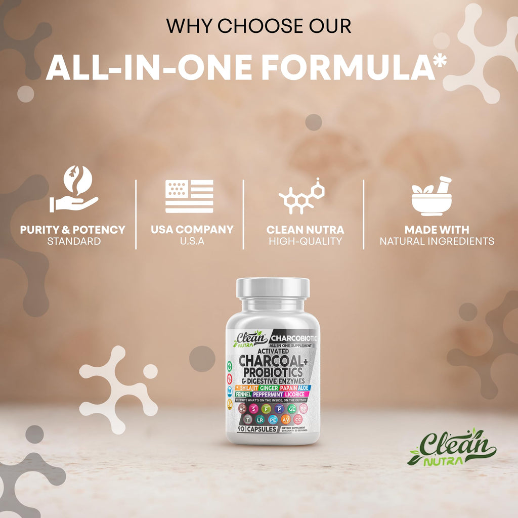 Clean Nutra Activated Charcoal Pills + Shilajit Probiotic Digestive Enzymes for Digestive Health Capsules with Peppermint Fennel Licorice Papain Ginger Turmeric Powder | Gut Health Clean Nutraceuticals Au supplements