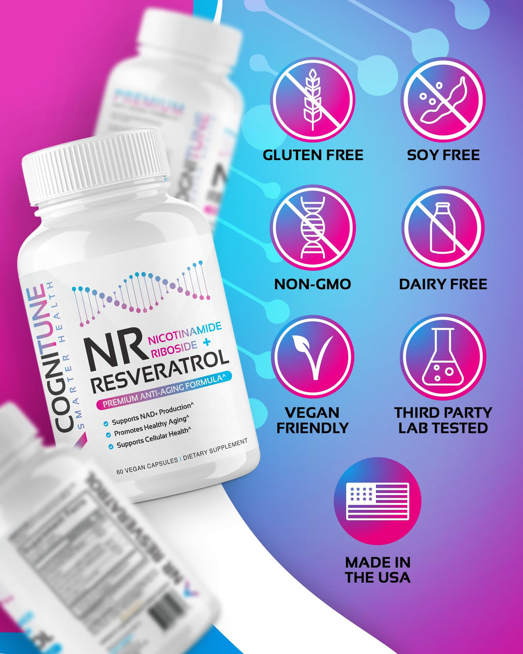 NR + Resveratrol Supplement - Increase NAD, DNA & Cellular Health, Longevity, Vitality. 5-in-1 Anti Aging Formula w/ Nicotinamide Riboside, Trans Resveratrol, Vitamin C, Grape Seed, Pine Bark CogniTune Au supplements