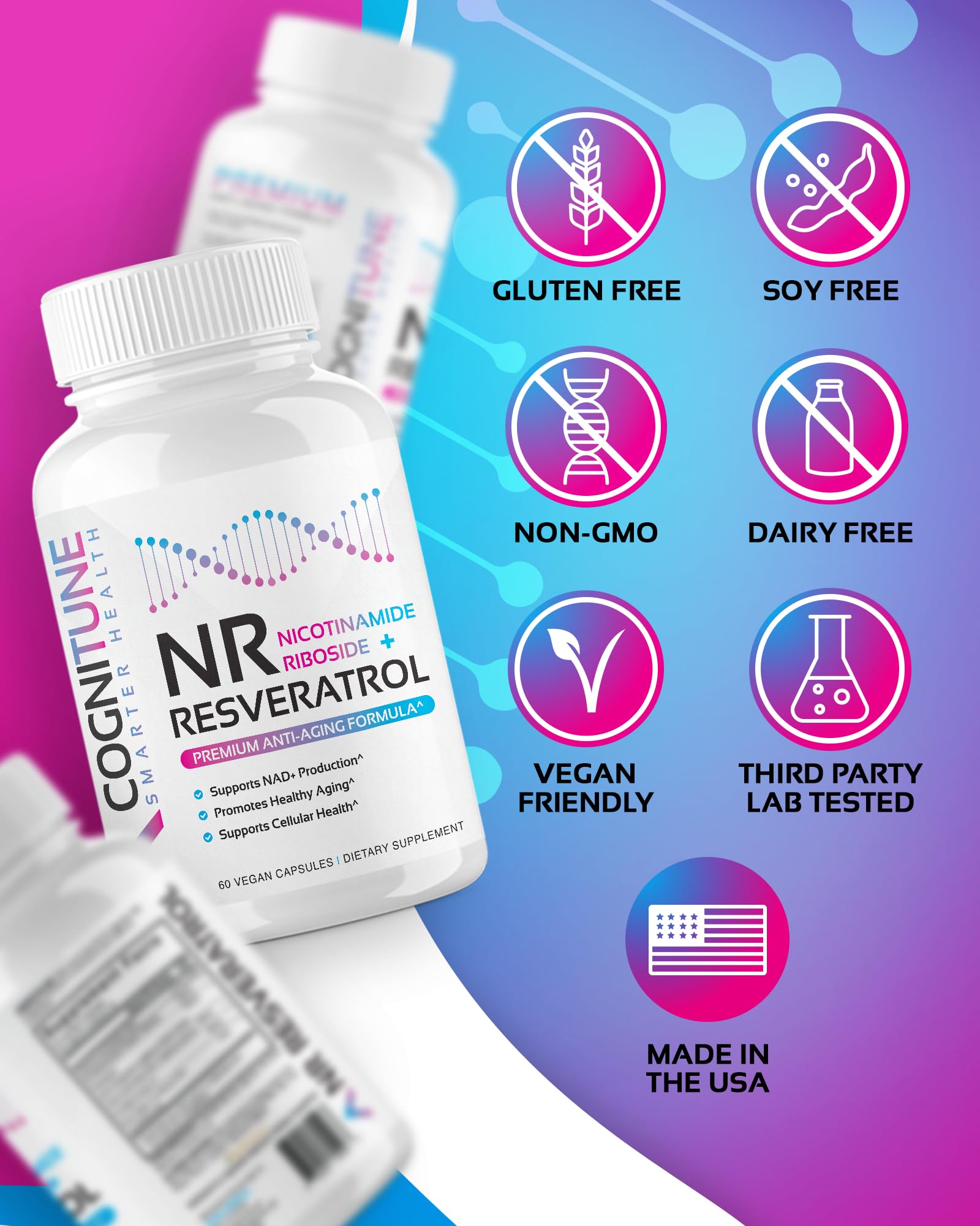 NR + Resveratrol Supplement - Increase NAD, DNA & Cellular Health, Longevity, Vitality. 5-in-1 Anti Aging Formula w/ Nicotinamide Riboside, Trans Resveratrol, Vitamin C, Grape Seed, Pine Bark CogniTune Au supplements