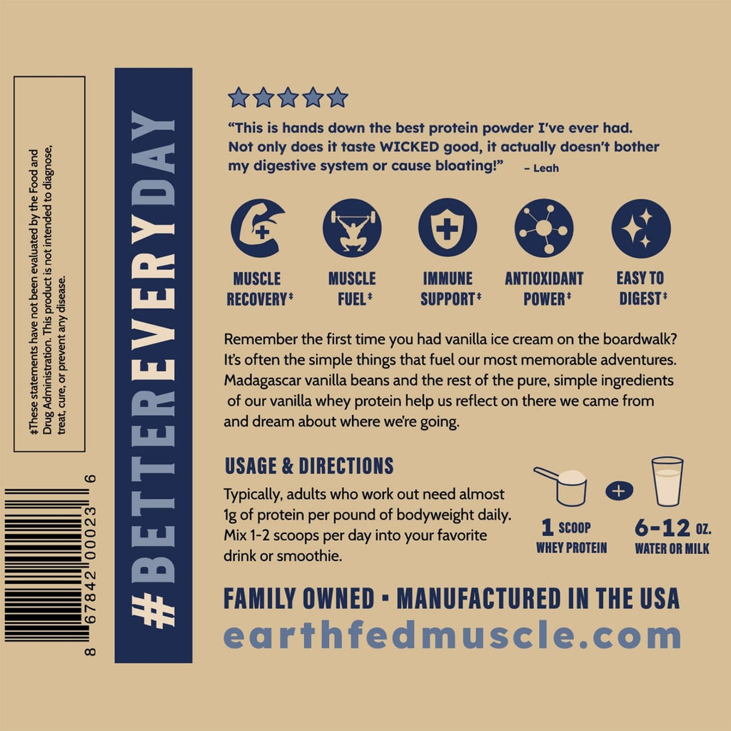 Earth Fed Muscle Whey Back Irish Grass Fed Whey Protein Isolate, Third-Party Certified. 25g Protein, Vanilla - Non-GMO, Hormone Free, Soy Free, Gluten Free - 2 LB, 29 Servings