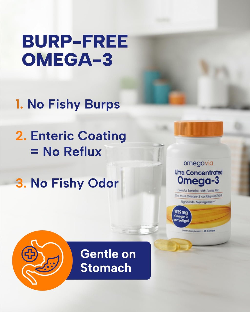 OmegaVia Ultra Concentrated Omega 3 Fish Oil Burpless, 60 Softgels, Triple Strength Omega 3 Fish Oil Supplements, 1135 mg Pure Omega3
