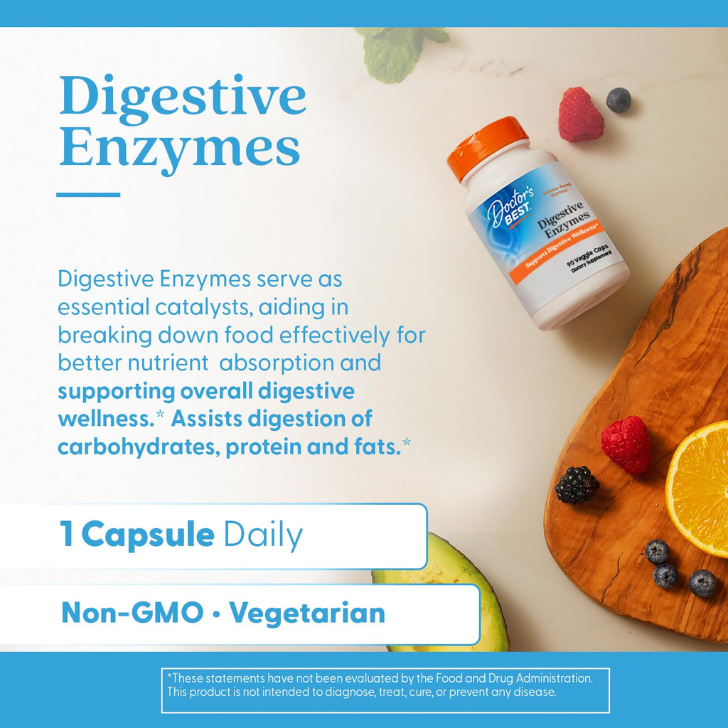 Doctor's Best Digestive Enzymes Supplement for Women & Men - Supports Gut Health, Digestion, & Overall Wellness, Formulated with Amylase, Super Enzyme Blend