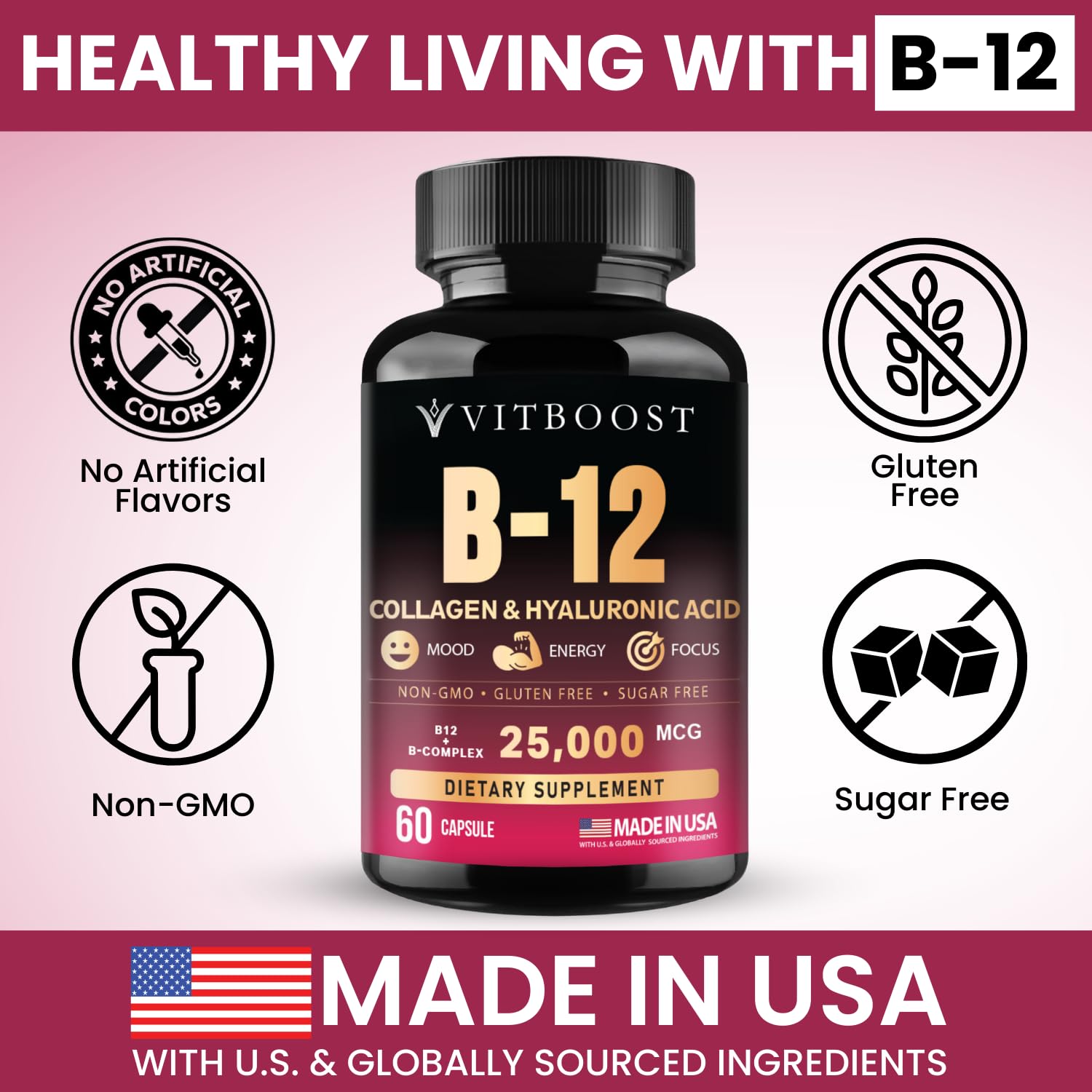 B12 with Hyaluronic Acid, Collagen and Folate – 25000 mcg B12 Complex | Maximize Absorption & Energy | Gluten Free USA Made, B1, B2, B3, B6, B7, B12 vitamins 5000 mcg