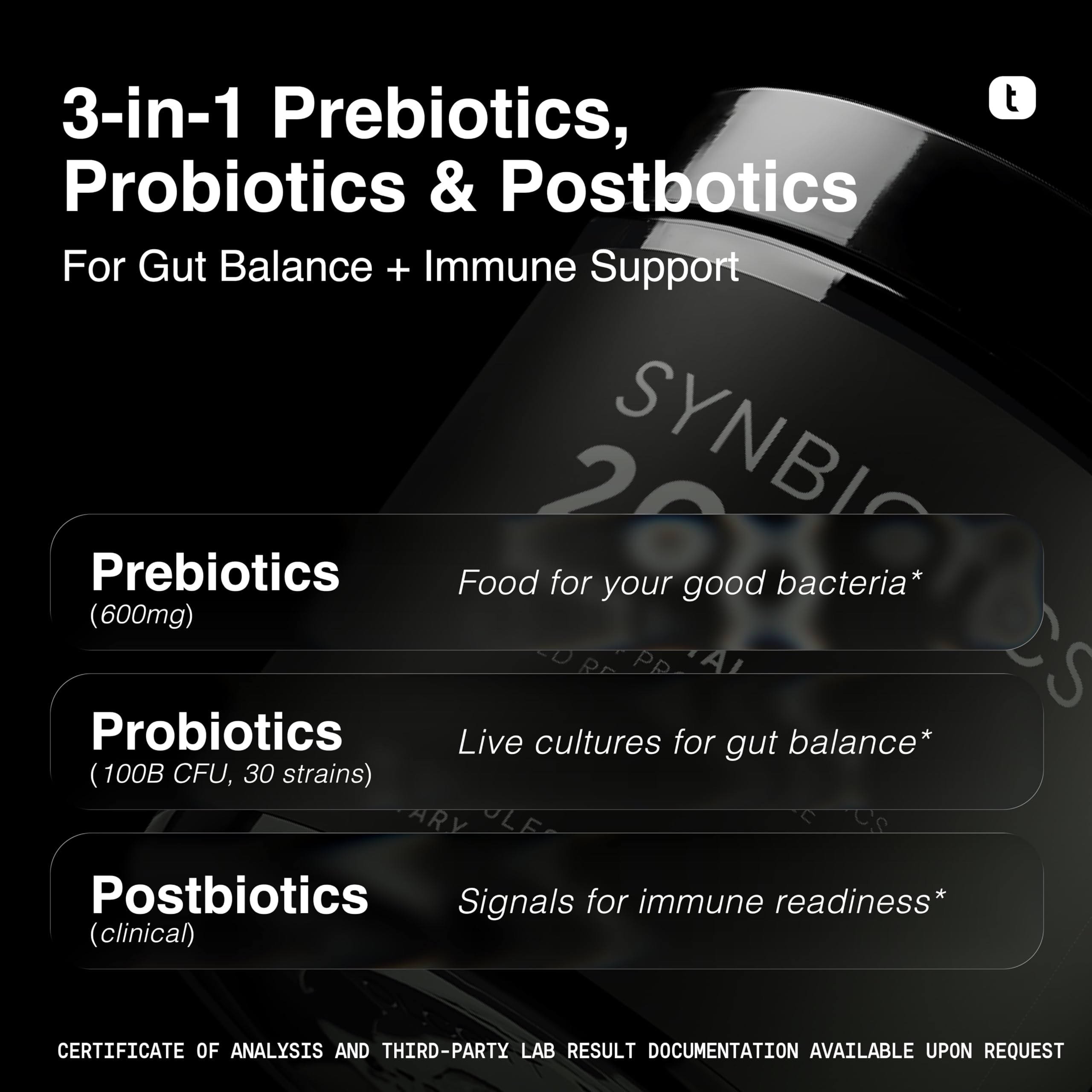 Toniiq Prebiotics and Probiotics – 200B CFU Synbiotic with Postbiotics IMMUSE® & ButyraGen® – 30 Strains for Gut & Digestive Health – Shelf-Stable