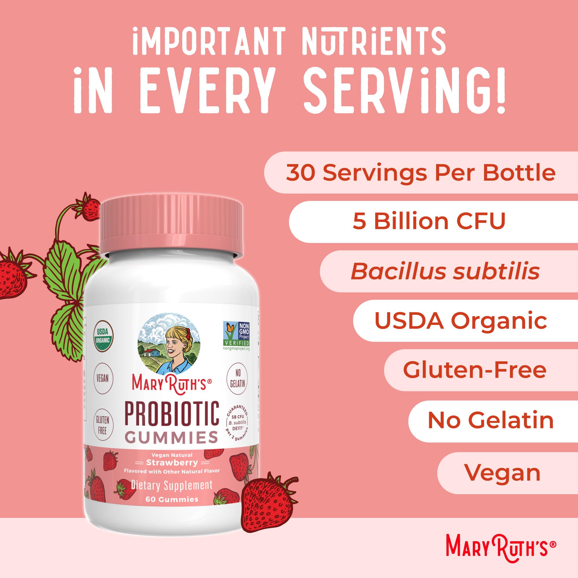 MARYRUTH'S USDA Organic Probiotic Gummies Probiotic Digestive Support | Immune Support | Digestive & Gut Health Supplement | 5 Billion CFU
