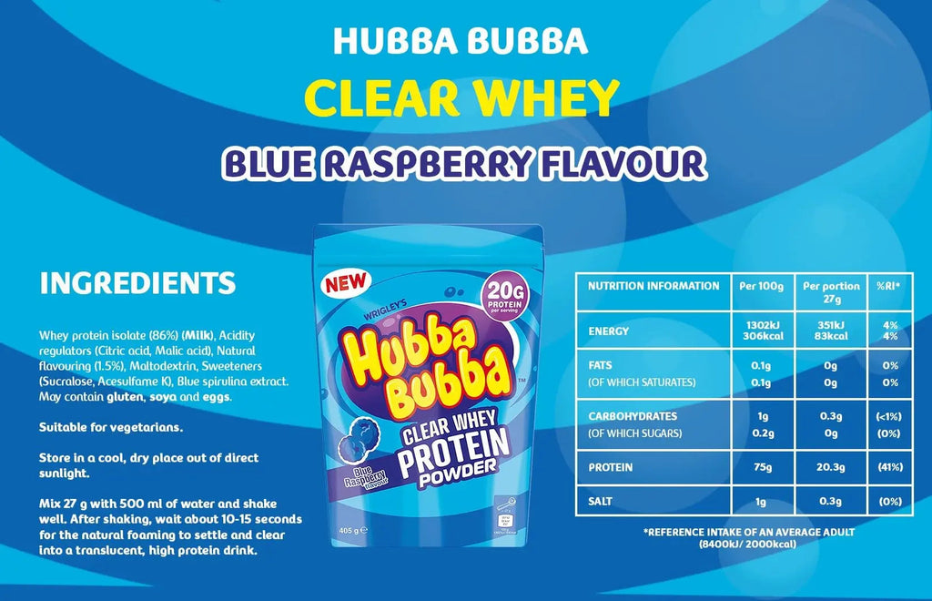 Hubba Bubba Blue Raspberry Clear Whey Isolate, Protein Powder Drink, 405g Pouch Hubba Bubba Au supplements