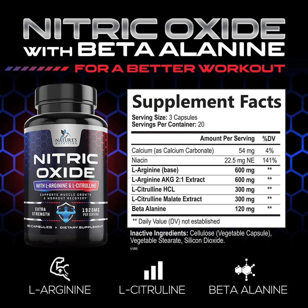 Extra Strength Nitric Oxide Supplement L Arginine 3X Strength - Citrulline Malate, AAKG Nature's Nutrition Au supplements