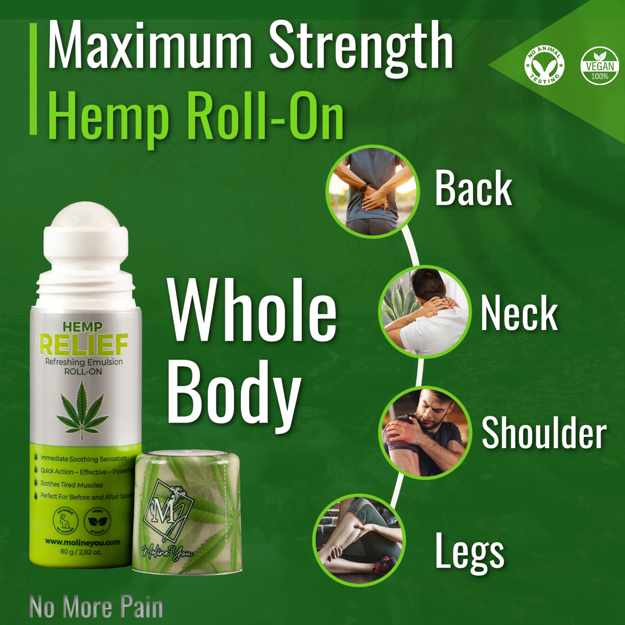 Moline You Natural Powerful Hemp Roll On, for Joint & Muscle Discomfort, Back, Neck, Knee, Shoulders HIPS. Formula with Hemp Oil Extract, Arnica, Menthol (Roll On 3 oz) Moline You Au supplements