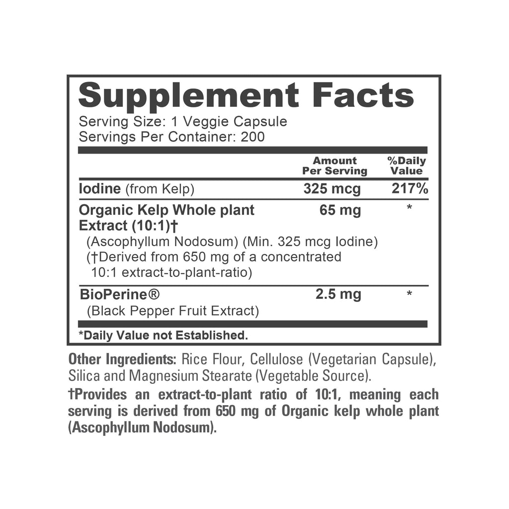 NusaPure Sea Kelp Natural Iodine 325mcg 10:1 Extract, 65 mg Equivalent to 650 mg Capsule 200 Count (Non-GMO, Vegan) NusaPure Au supplements