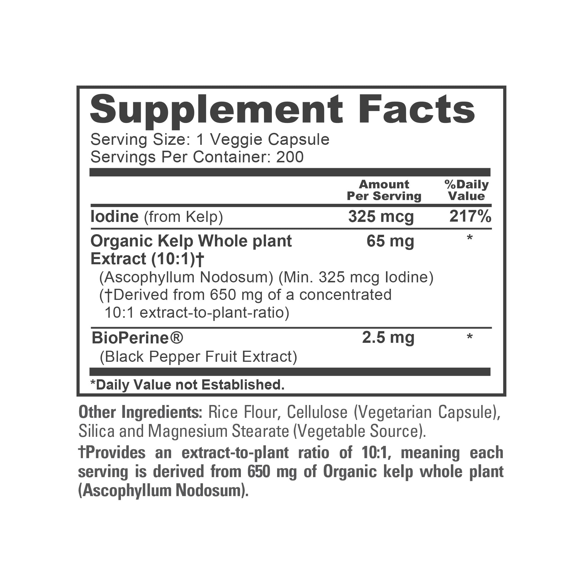 NusaPure Sea Kelp Natural Iodine 325mcg 10:1 Extract, 65 mg Equivalent to 650 mg Capsule 200 Count (Non-GMO, Vegan) NusaPure Au supplements
