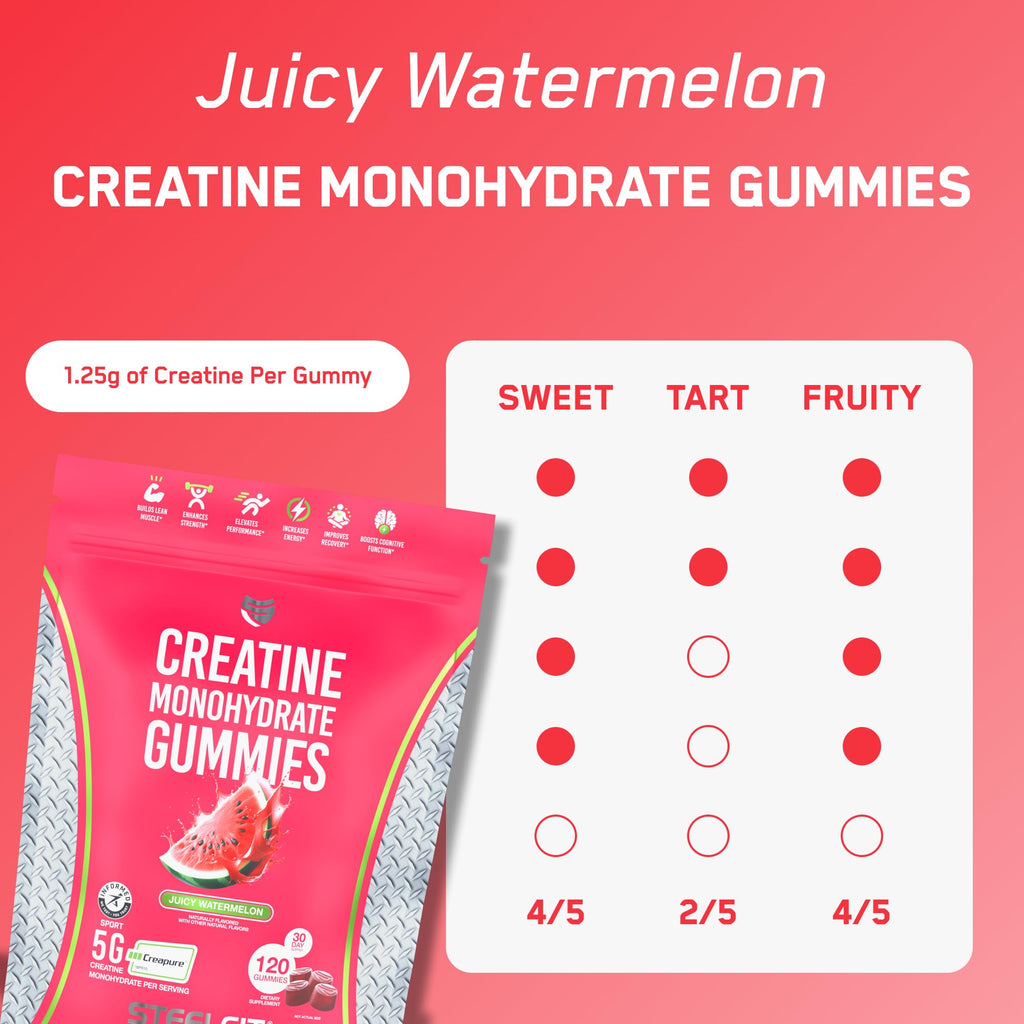 SteelFit Creapure Creatine Monohydrate Gummies for Men & Women, Juicy Watermelon - Gym Workout Nutritional Supplements for Muscle Gain, Brain Health & Strength Building Dietary Supplement, 120 Gummies SteelFit Au supplements