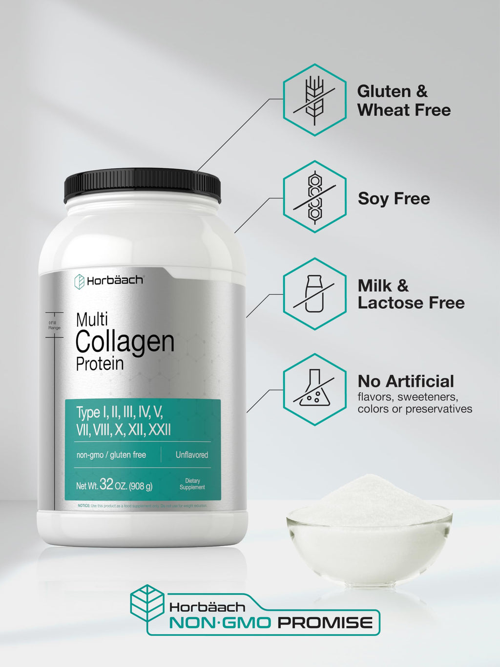 Horbaach Multi Collagen Protein Powder 32 oz | Types I, II, III, IV, V, VII, VIII, X, XII, and XXII | Grassfed Collagen Peptides