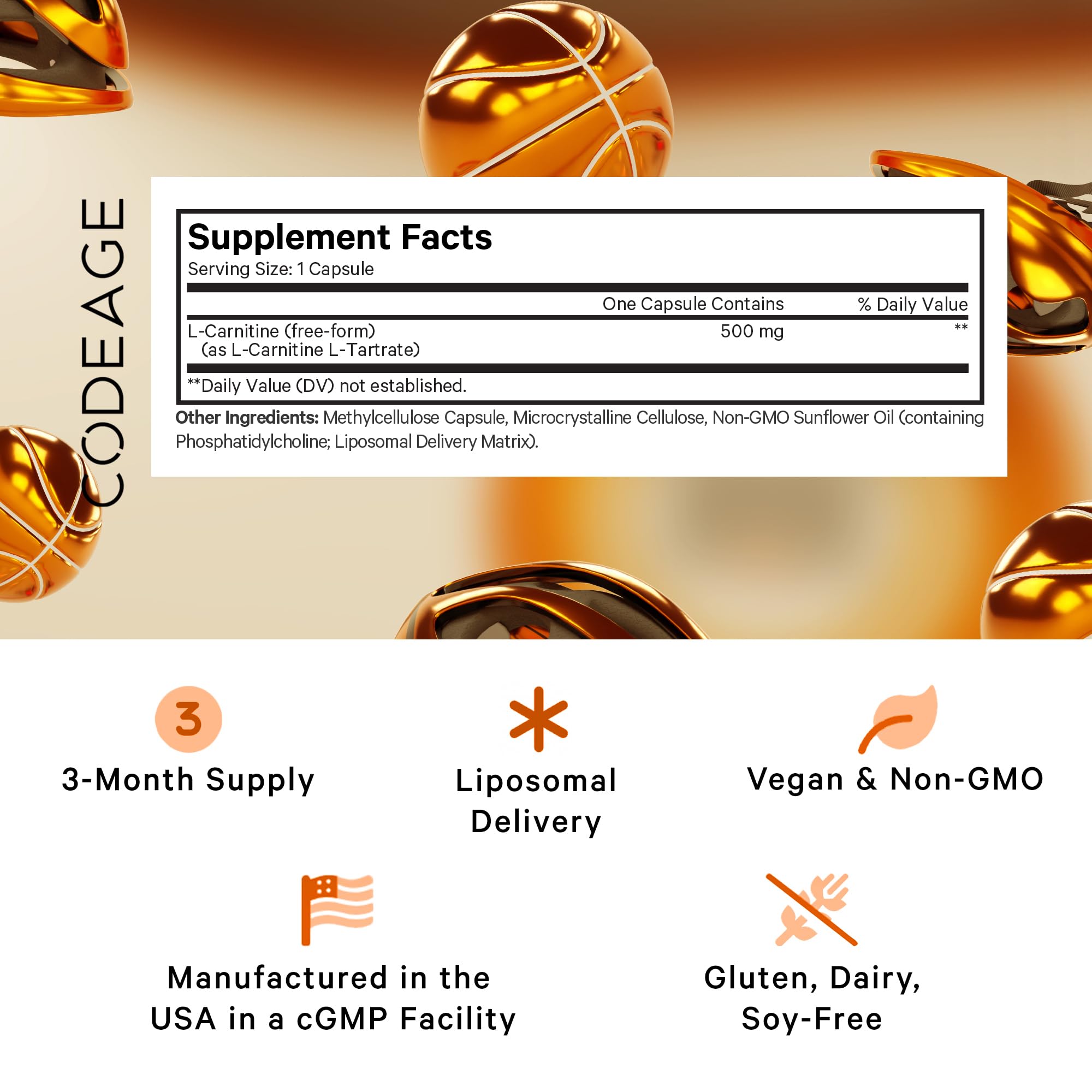 Codeage Liposomal L-Carnitine+ Supplement - 500 mg L-Carnitine L-Tartrate per Serving - Free-Form Amino Acid - Carnitine - Liposomal Delivery - Vegan, Non-GMO, Gluten-Free - 90 Capsules Codeage Au supplements